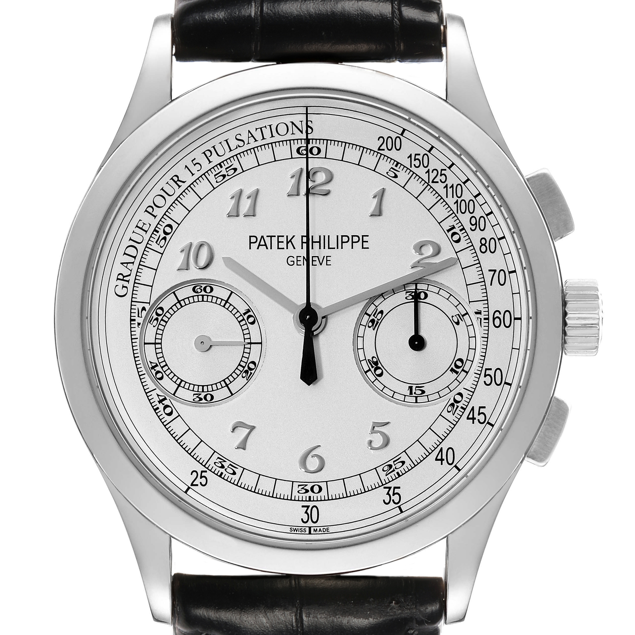 The Patek Philippe Complications 5170G-001 Men's White Gold Silver Dial watch is shown from a front angle, displaying the dial, case, and strap.