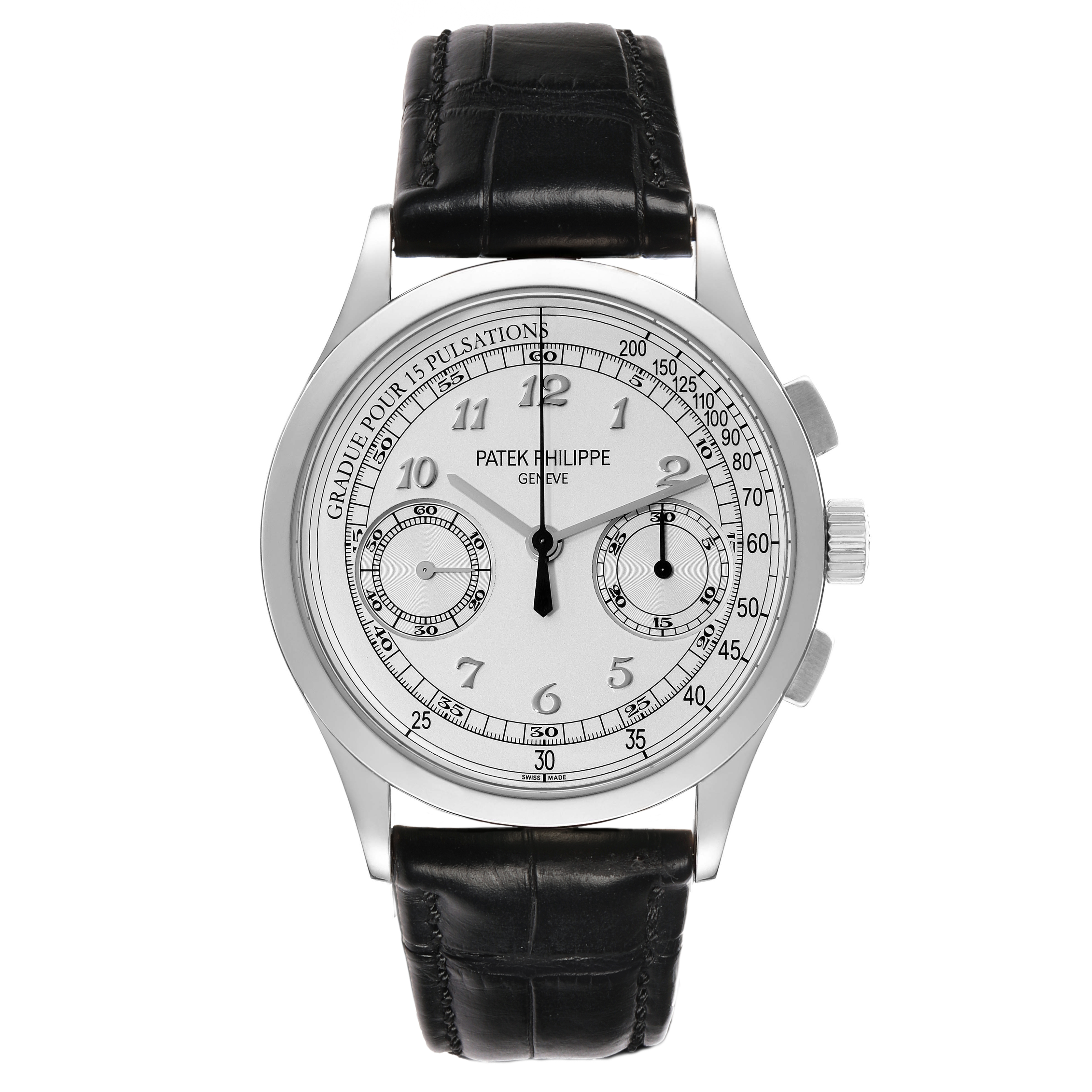 The Patek Philippe Complications 5170G-001 Men's White Gold Silver Dial watch is shown from a front view, displaying the dial, case, and strap.