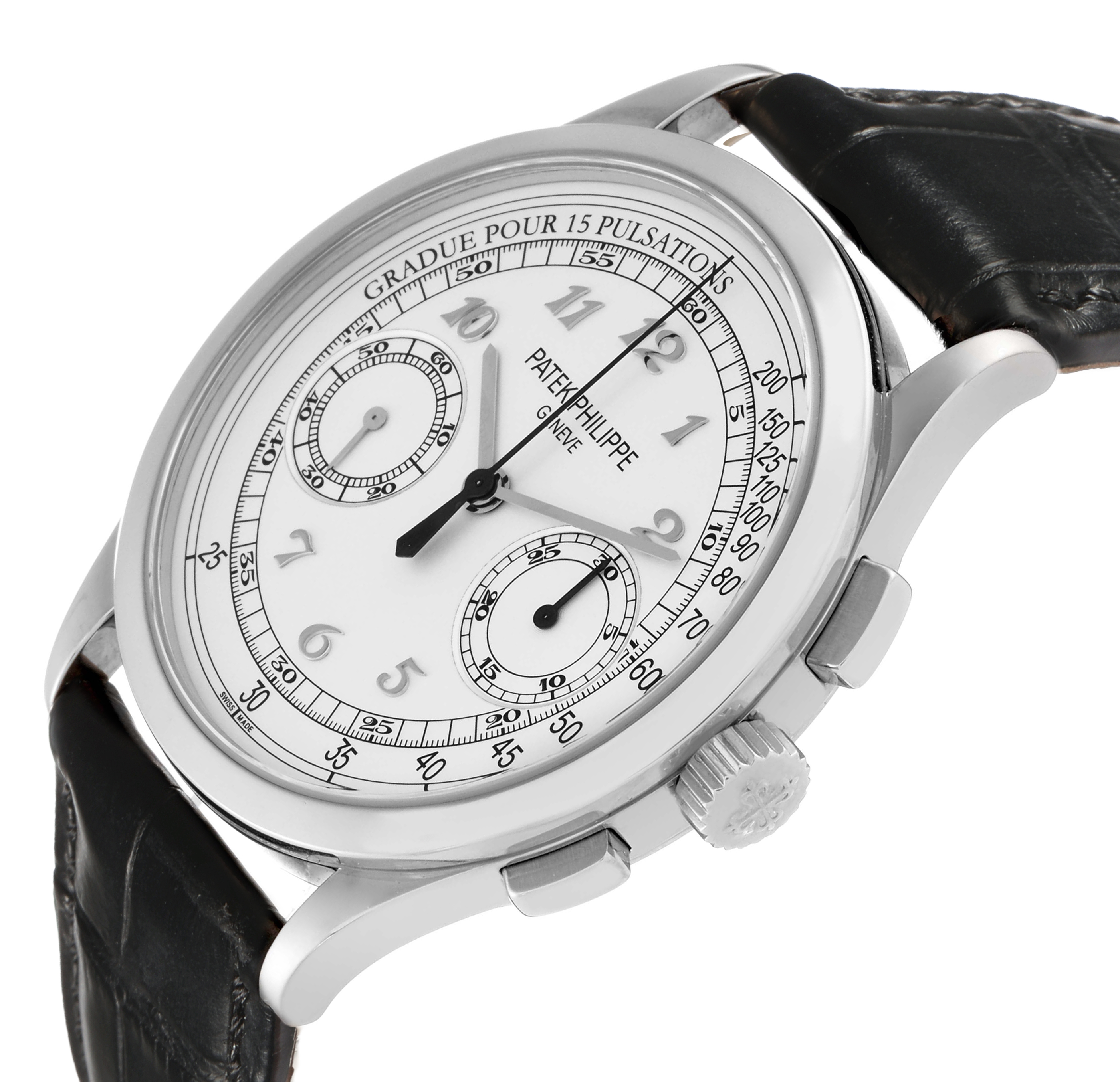 The Patek Philippe Complications 5170G-001 Men's White Gold Silver Dial watch is shown from a side angle, displaying the dial, case, crown, and leather strap.