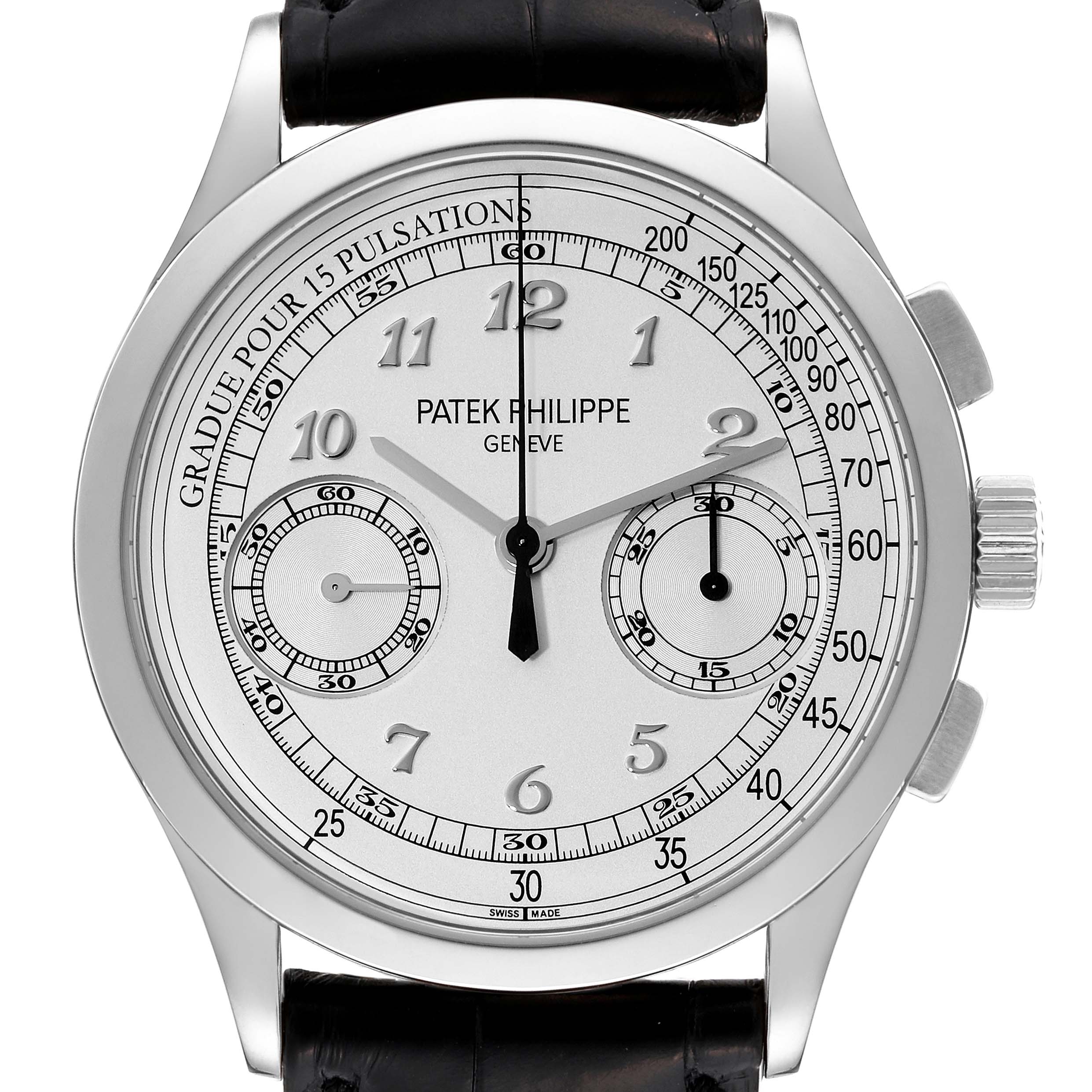 The image shows a front view of a Patek Philippe Complications 5170G-001 Men's White Gold Silver Dial 5170G-001 Men's White Gold Silver Dial watch, displaying its dial, hands, and subdials.
