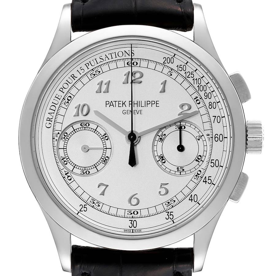 The image shows a front view of a Patek Philippe Complications watch, displaying its dial, hands, and subdials.