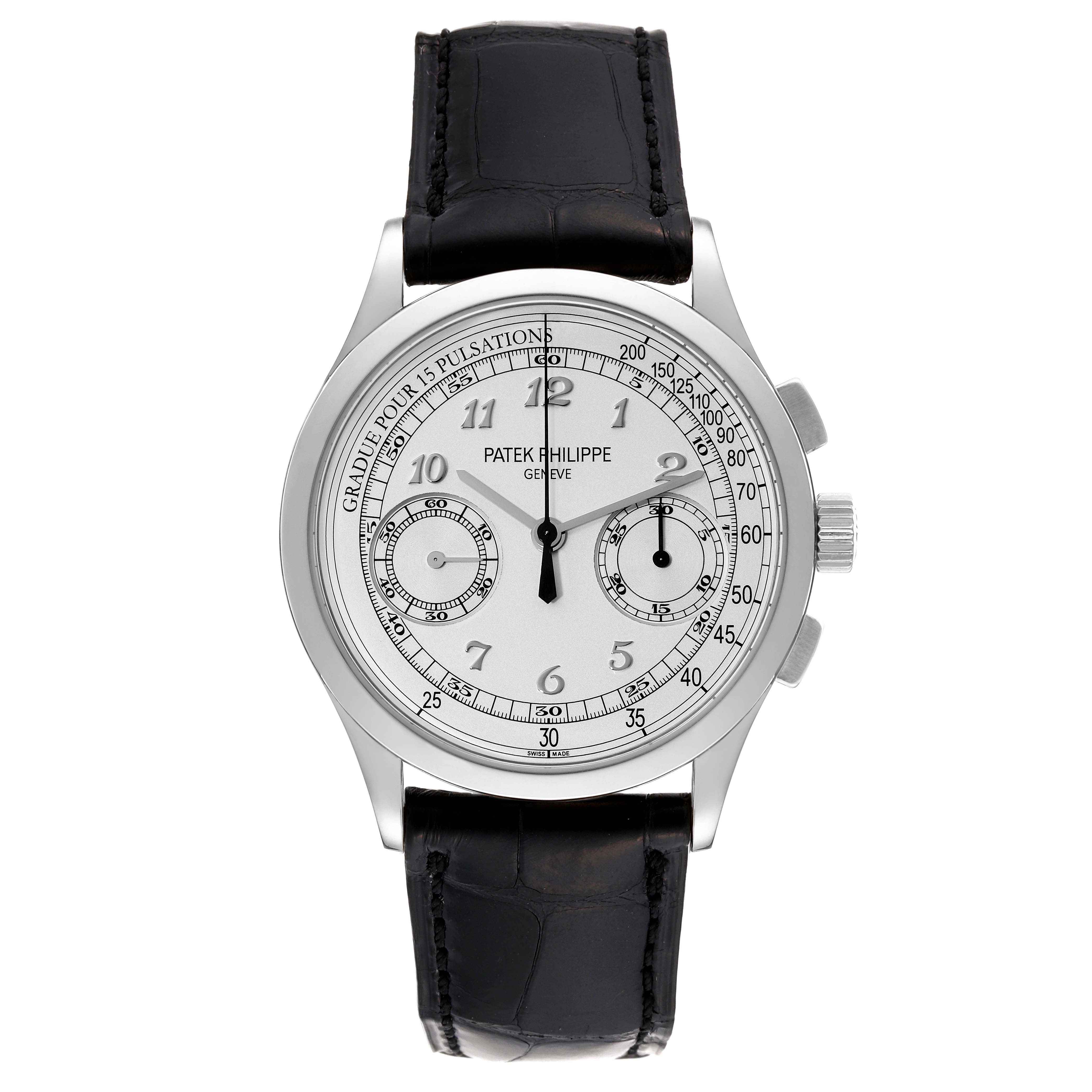 The Patek Philippe Complications 5170G-001 Men's White Gold Silver Dial 5170G-001 Men's White Gold Silver Dial watch is shown from the front, displaying the dial, hands, subdials, and leather strap.