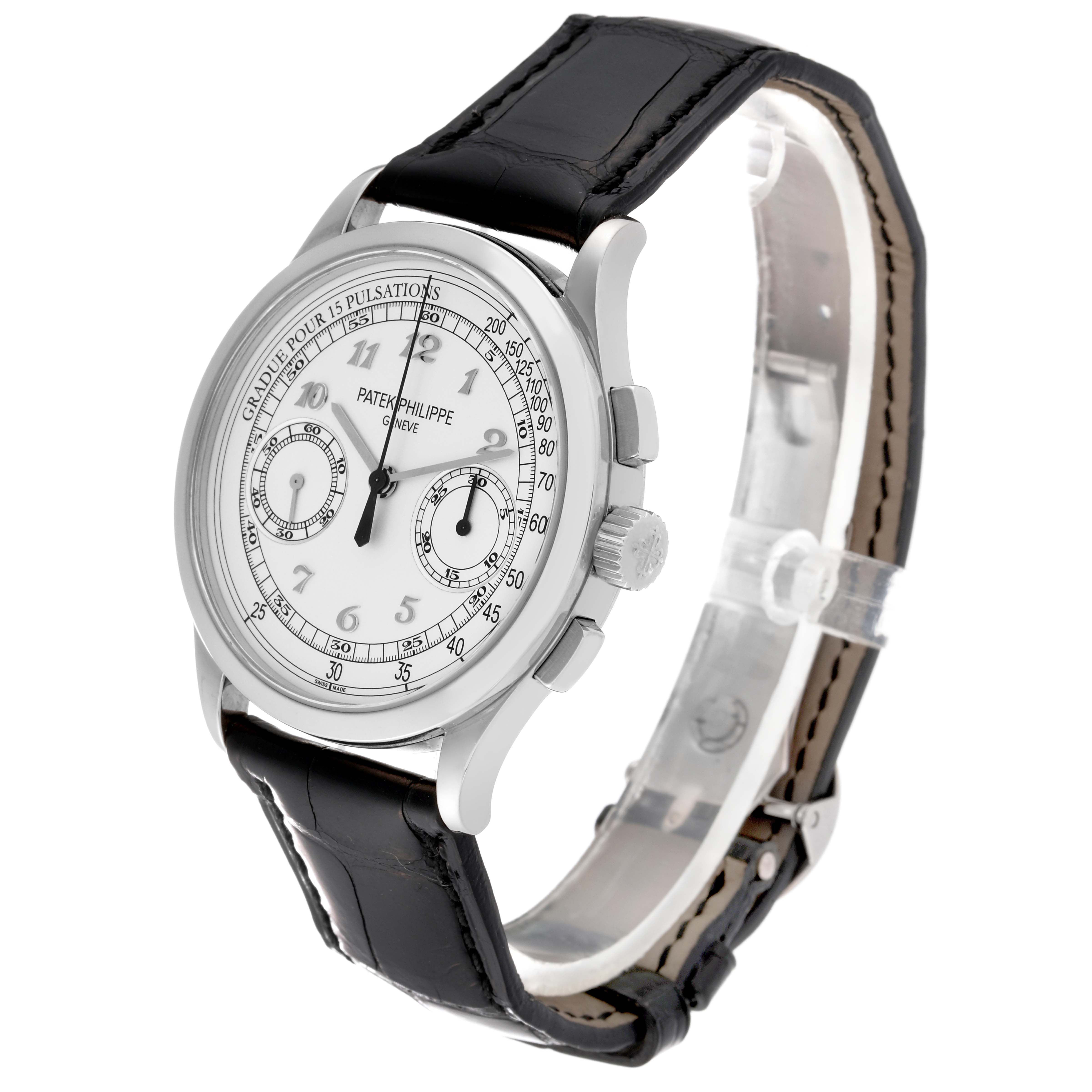 This image shows the Patek Philippe Complications 5170G-001 Men's White Gold Silver Dial 5170G-001 Men's White Gold Silver Dial model at a three-quarter angle, displaying the face, bezel, crown, pushers, and leather strap.