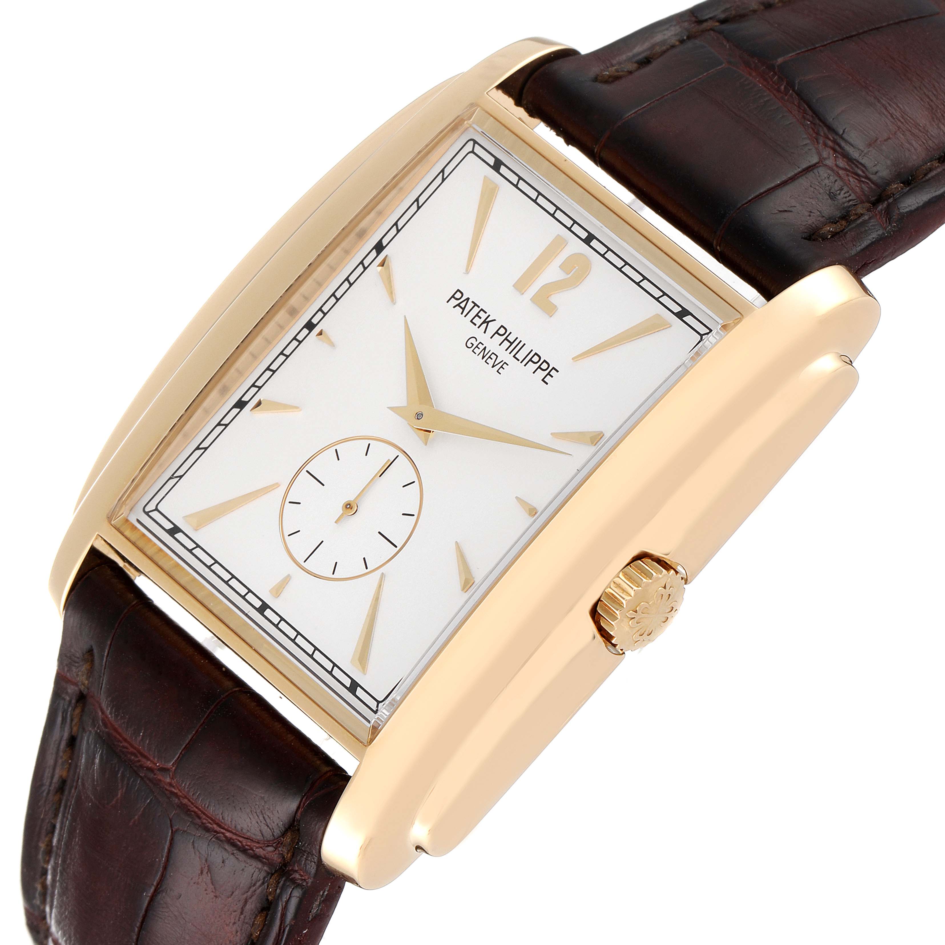 The image shows a top angled view of the Patek Philippe Gondolo 5124J Men's Yellow Gold Silver Dial 5124J Men's Yellow Gold Silver Dial watch, displaying its dial, crown, and leather strap.