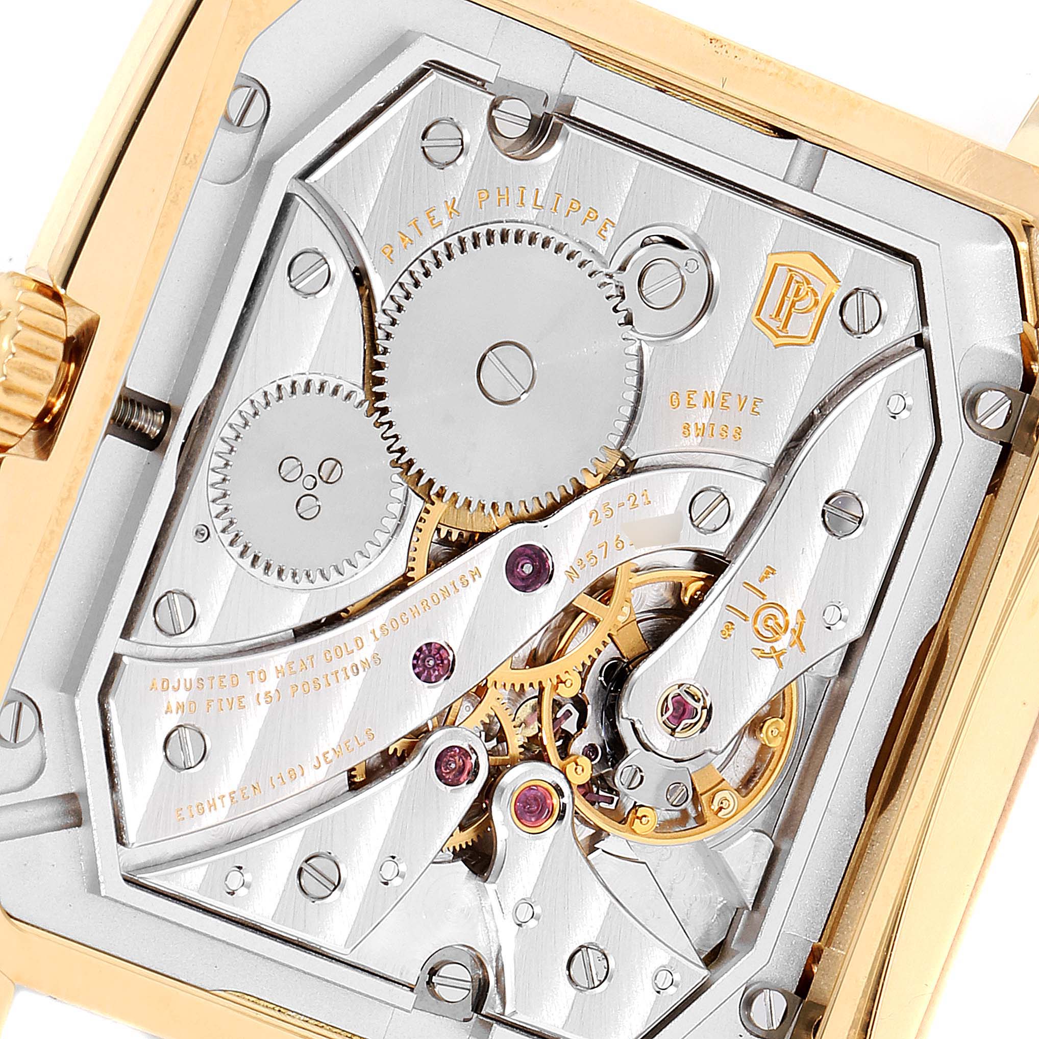 This image shows the back view of the Patek Philippe Gondolo 5124J Men's Yellow Gold Silver Dial 5124J Men's Yellow Gold Silver Dial watch, displaying its intricate mechanical movement.