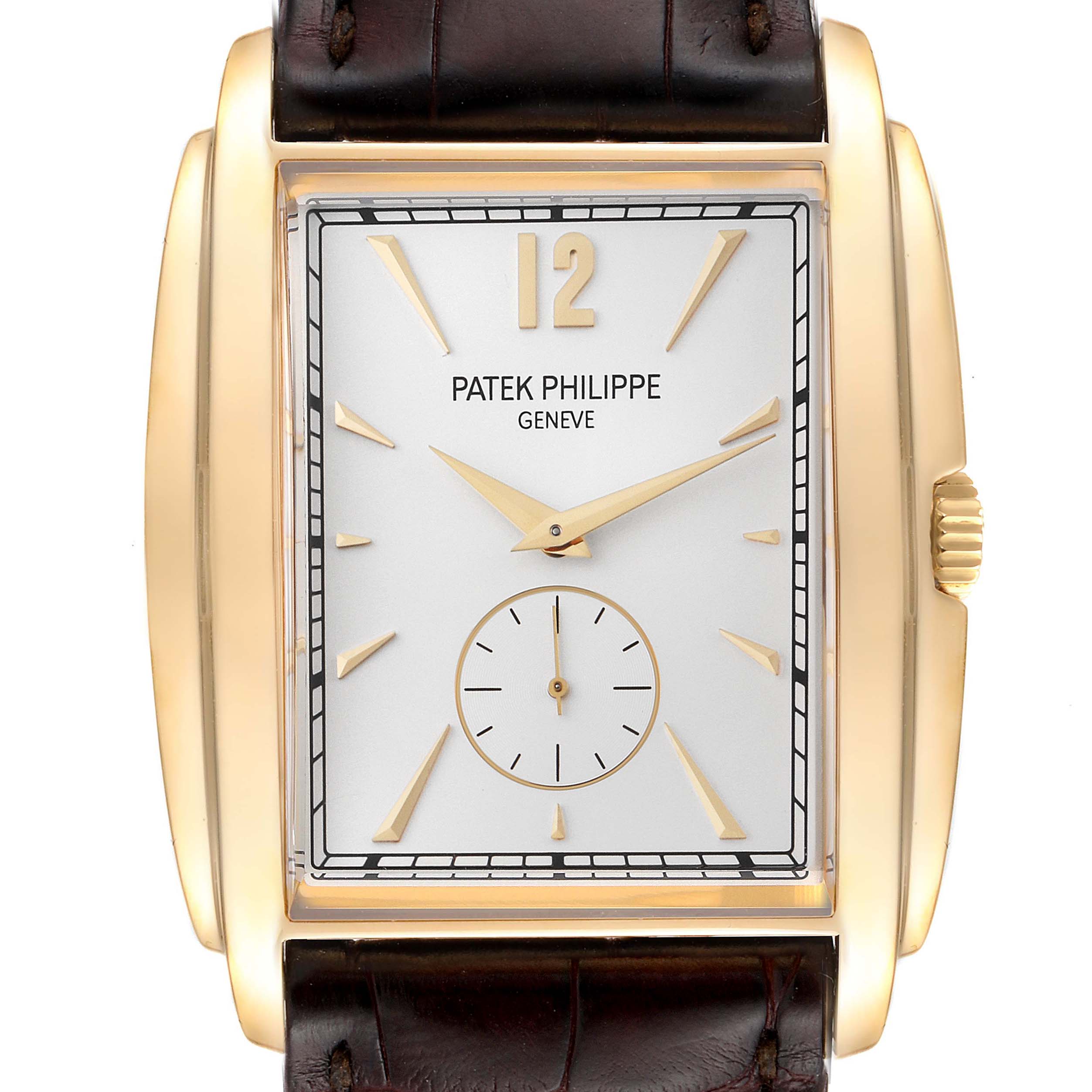 This image shows a front view of the Patek Philippe Gondolo 5124J Men's Yellow Gold Silver Dial 5124J Men's Yellow Gold Silver Dial watch, displaying the watch face, hands, crown, and strap ends.