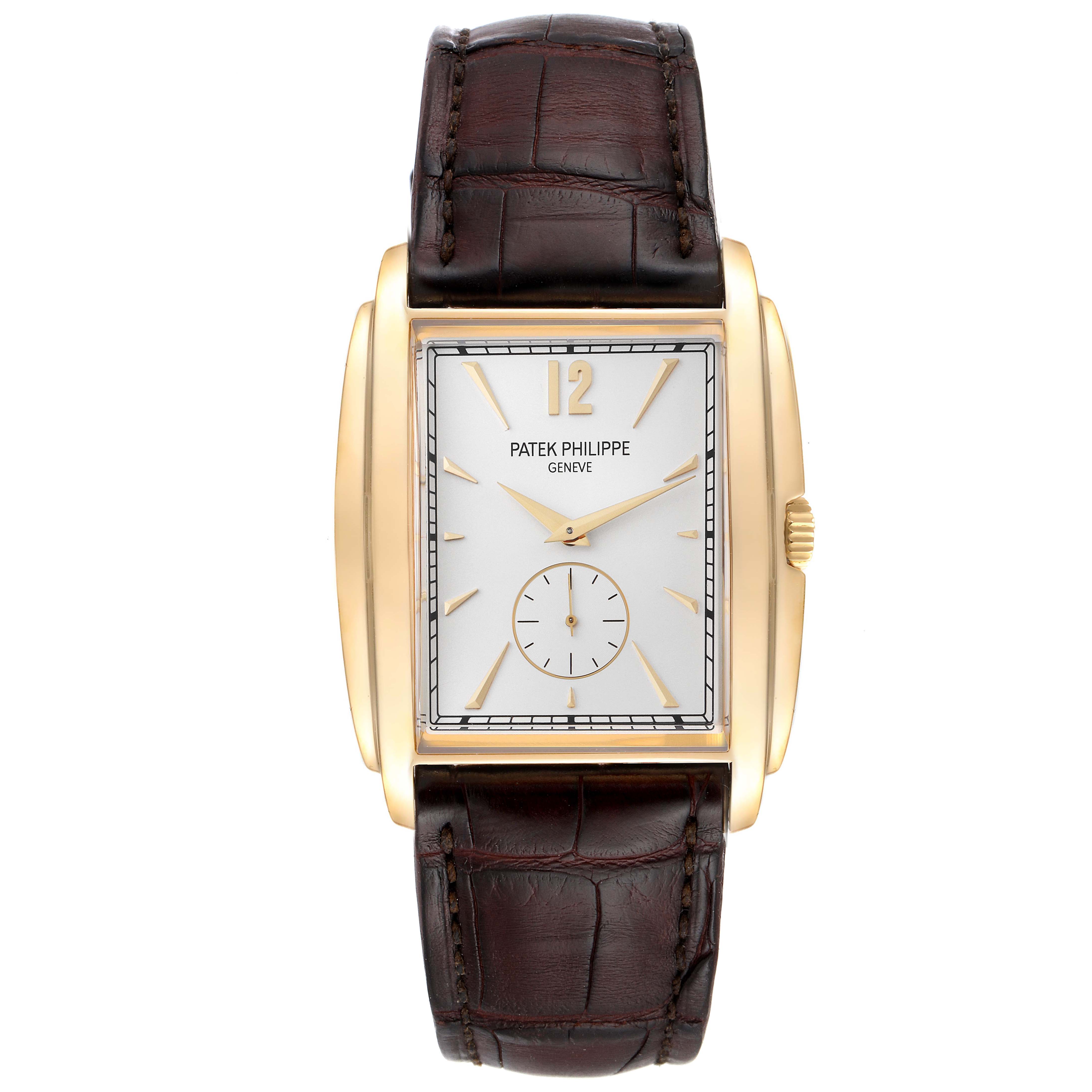 This image shows a front view of the Patek Philippe Gondolo 5124J Men's Yellow Gold Silver Dial 5124J Men's Yellow Gold Silver Dial watch featuring a rectangular dial and a brown leather strap.