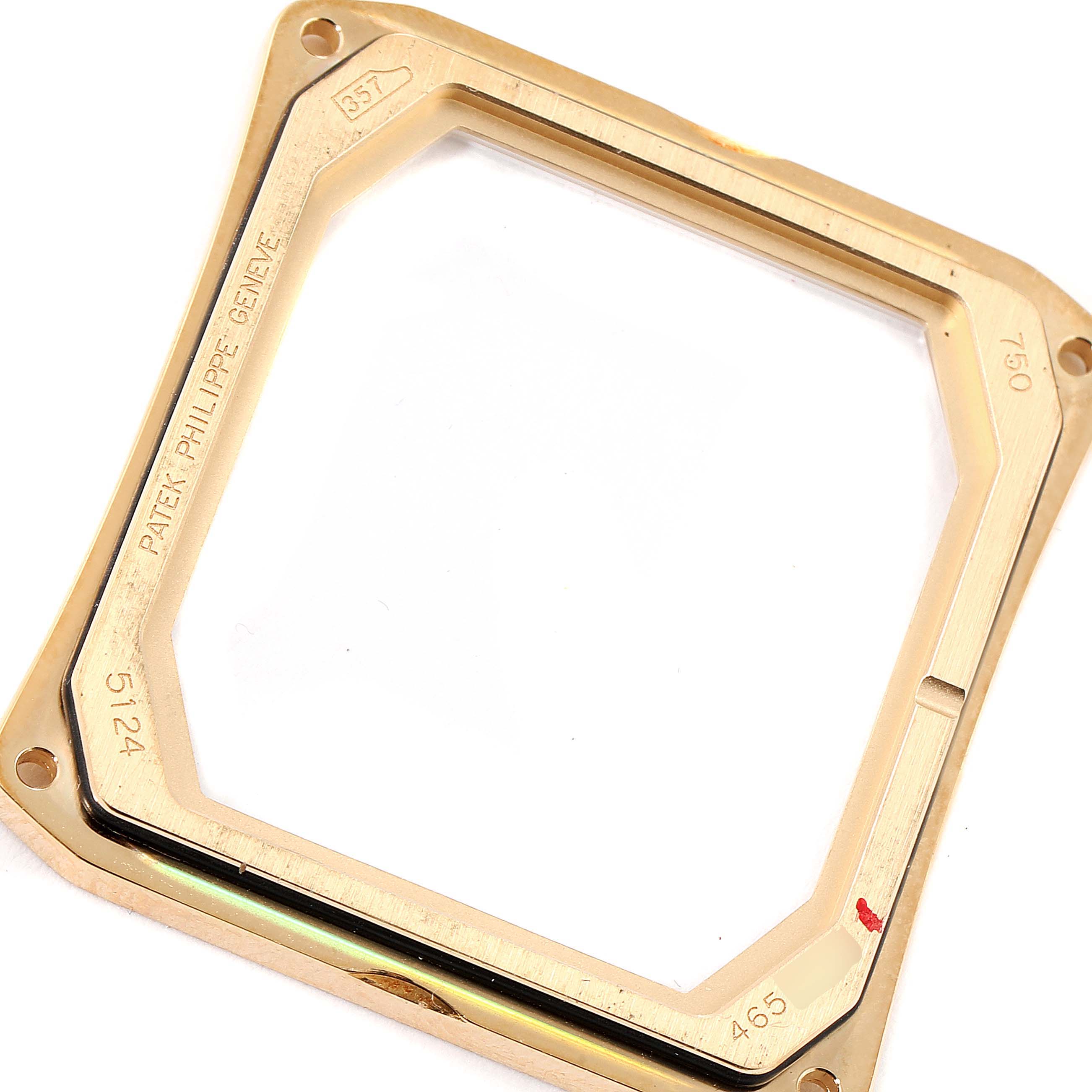 The image shows the rectangular gold case frame of the Patek Philippe Gondolo 5124J Men's Yellow Gold Silver Dial 5124J Men's Yellow Gold Silver Dial model from a top-down angle.