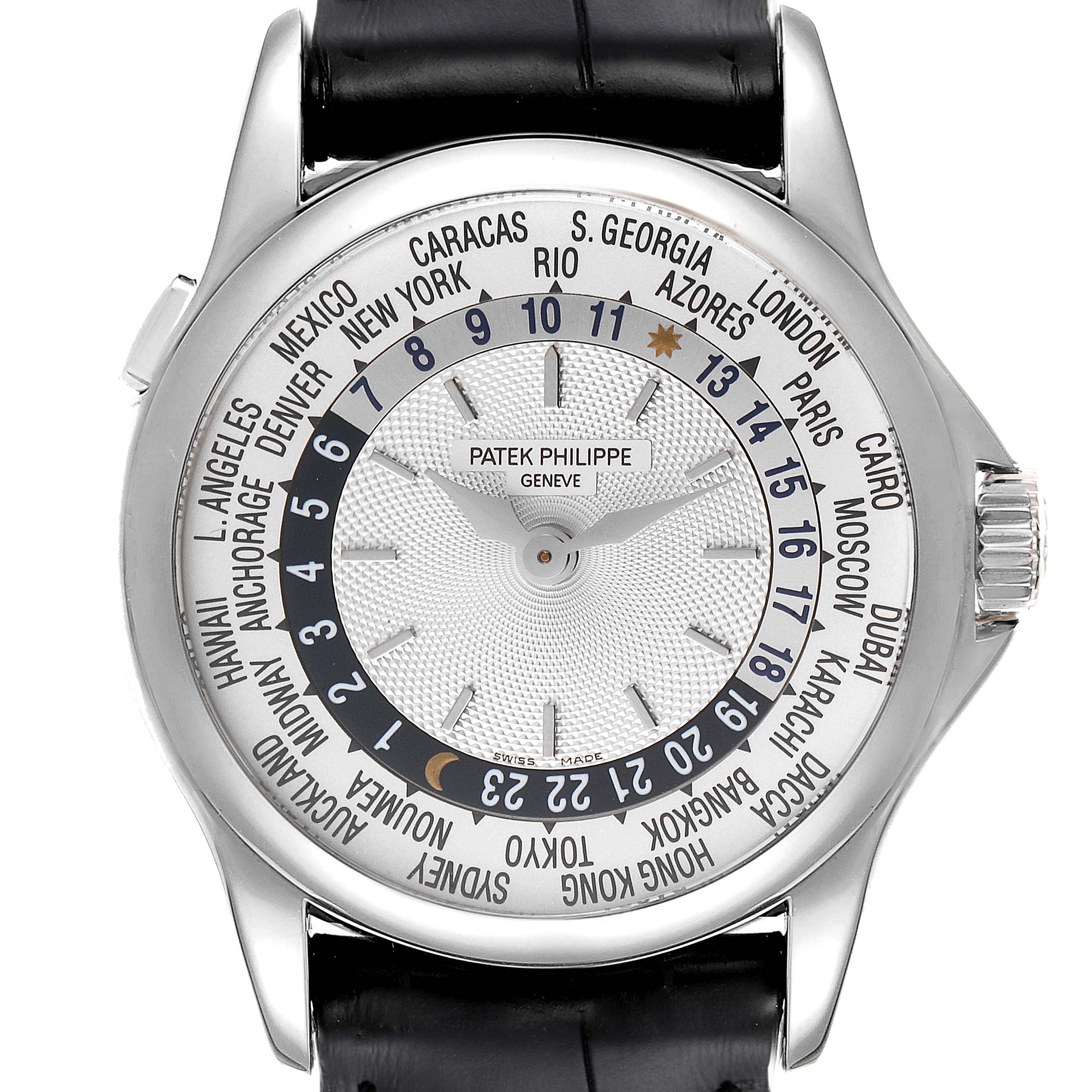 This is a frontal view of a Patek Philippe Calatrava 5110G Men's White Gold Silver Dial 5110G Men's White Gold Silver Dial watch, showing the dial and world time feature.