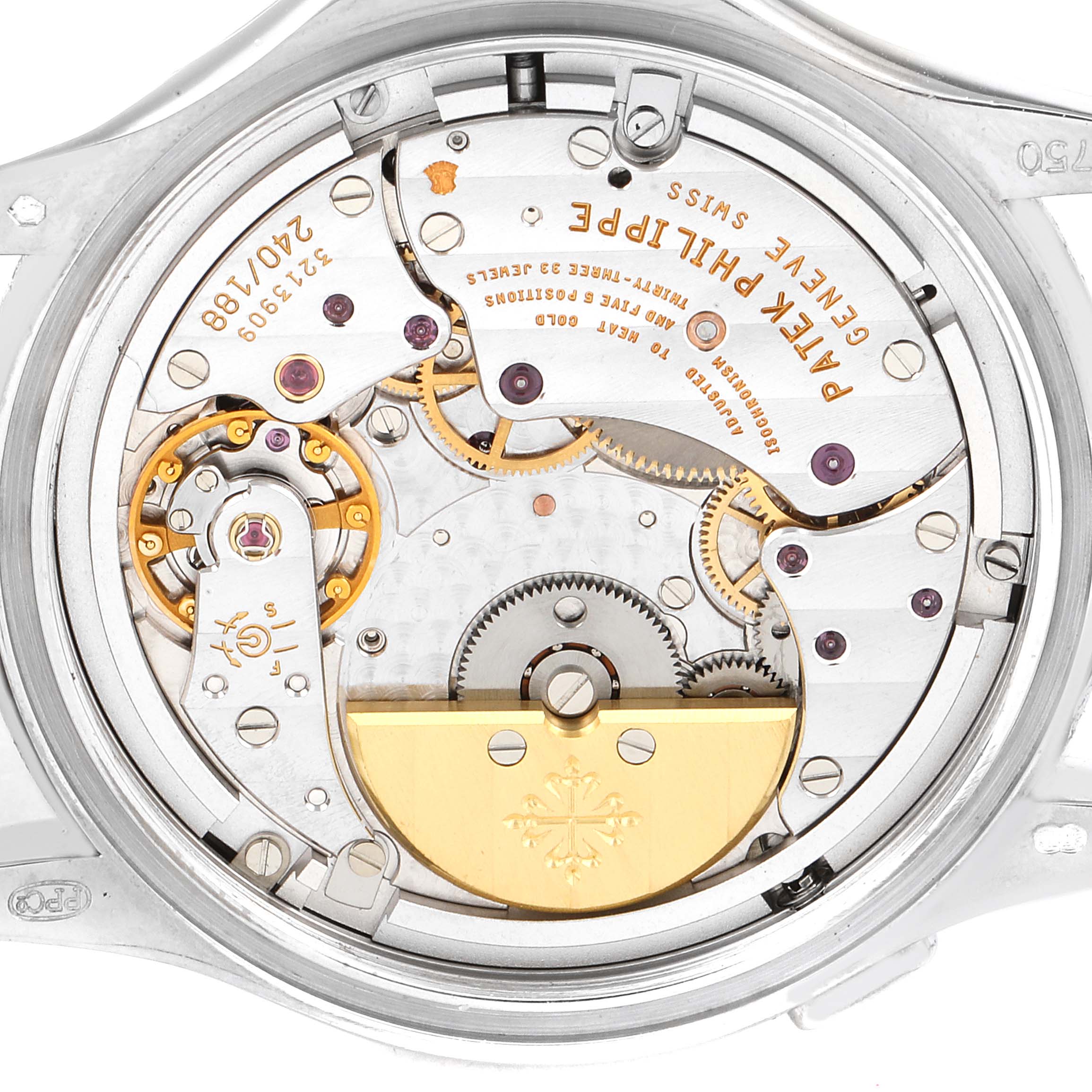 This image shows the movement and internal mechanisms of the Patek Philippe Calatrava 5110G Men's White Gold Silver Dial 5110G Men's White Gold Silver Dial watch, viewed from the back case.