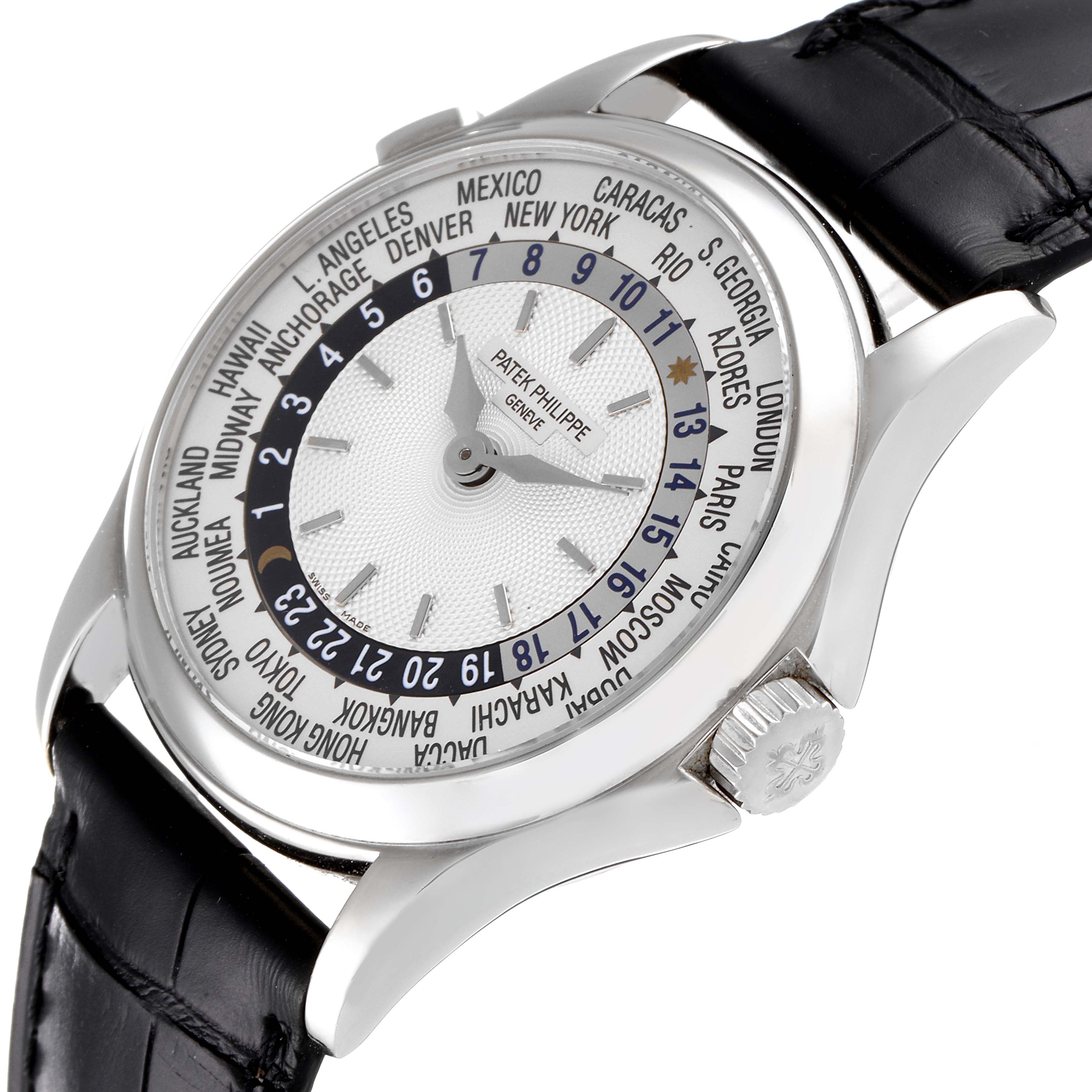 The image shows a Patek Philippe Calatrava 5110G Men's White Gold Silver Dial 5110G Men's White Gold Silver Dial watch at an angled close-up, highlighting the face, bezel, and leather strap.