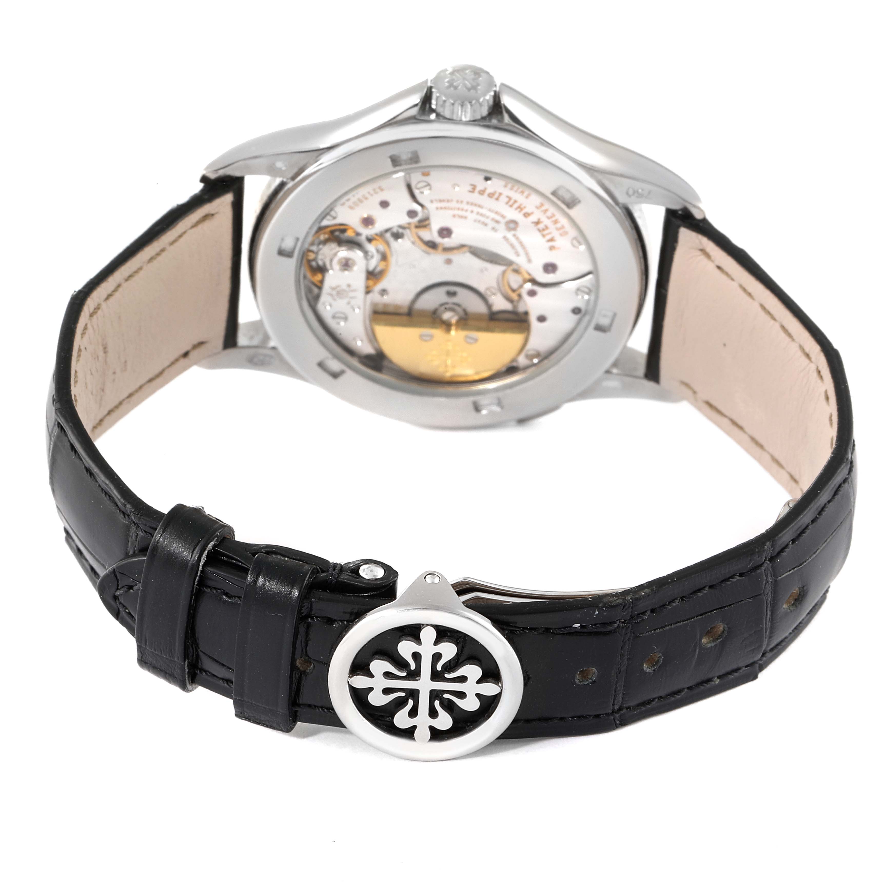 The image shows the back view of a Patek Philippe Calatrava 5110G Men's White Gold Silver Dial 5110G Men's White Gold Silver Dial watch, highlighting the movement and black leather strap.