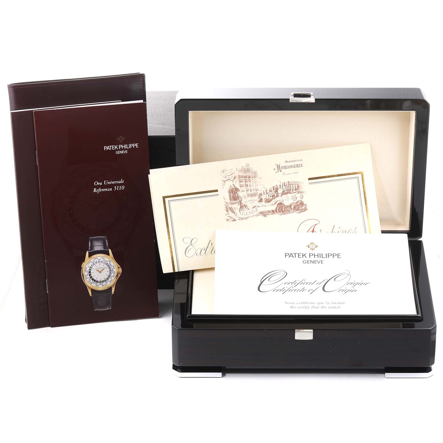 The image shows the packaging, certificate, and booklet for the Patek Philippe Calatrava 5110G Men's White Gold Silver Dial 5110G Men's White Gold Silver Dial watch model.