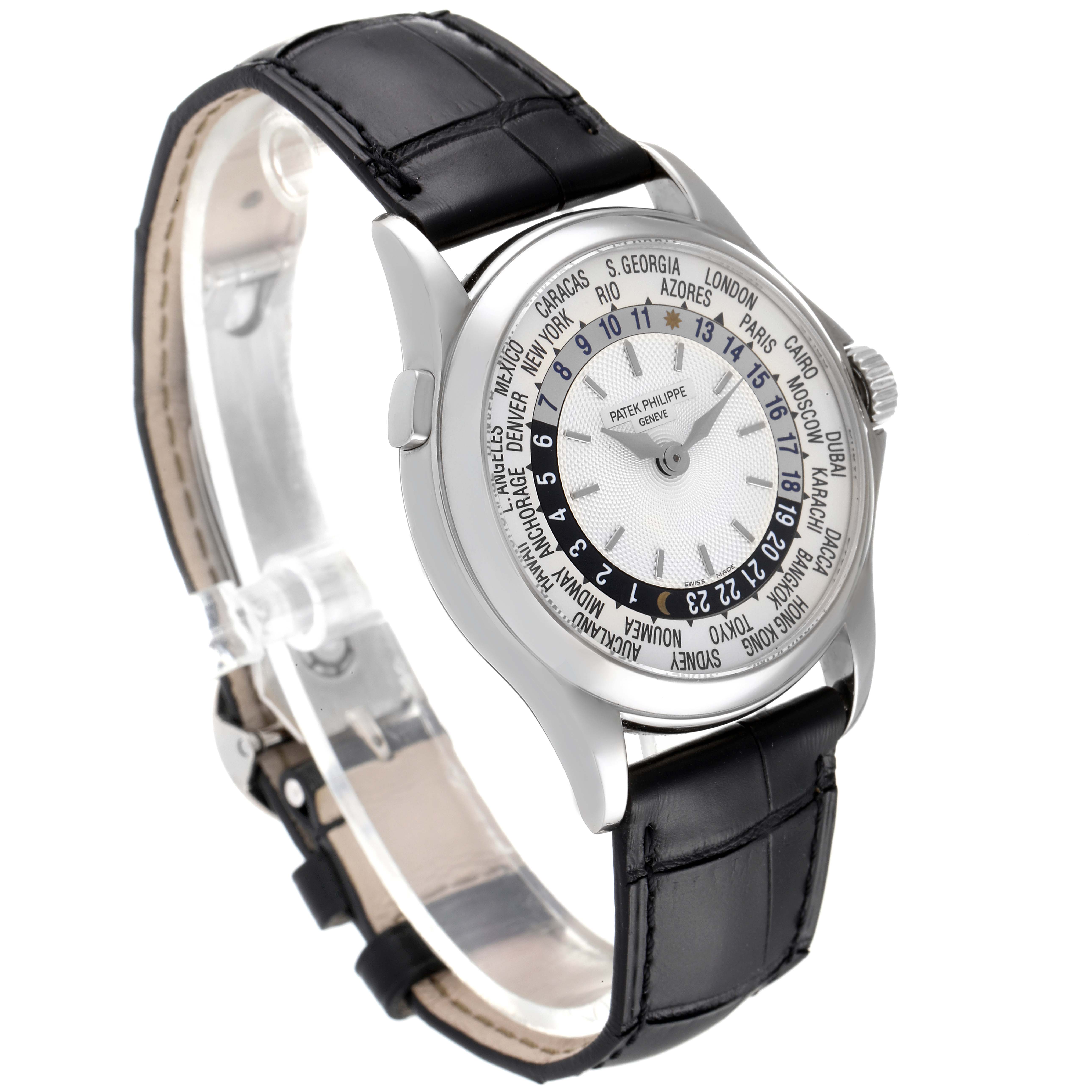 The image shows an angled side view of the Patek Philippe Calatrava 5110G Men's White Gold Silver Dial 5110G Men's White Gold Silver Dial watch, highlighting the face, bezel, case, and strap.