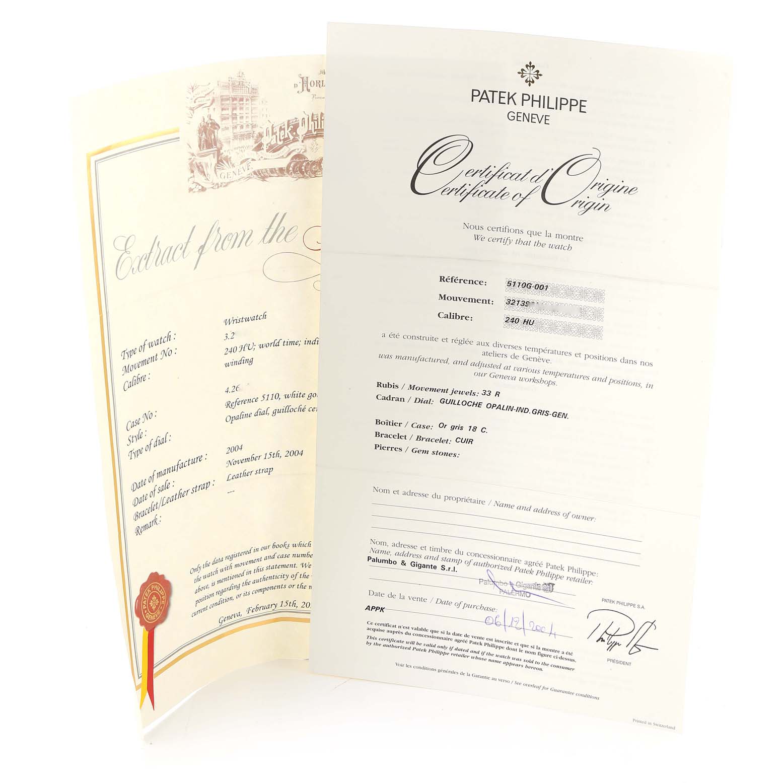 The image shows the original Certificate of Origin and an extract from the archives for a Patek Philippe Calatrava 5110G Men's White Gold Silver Dial 5110G Men's White Gold Silver Dial model watch.