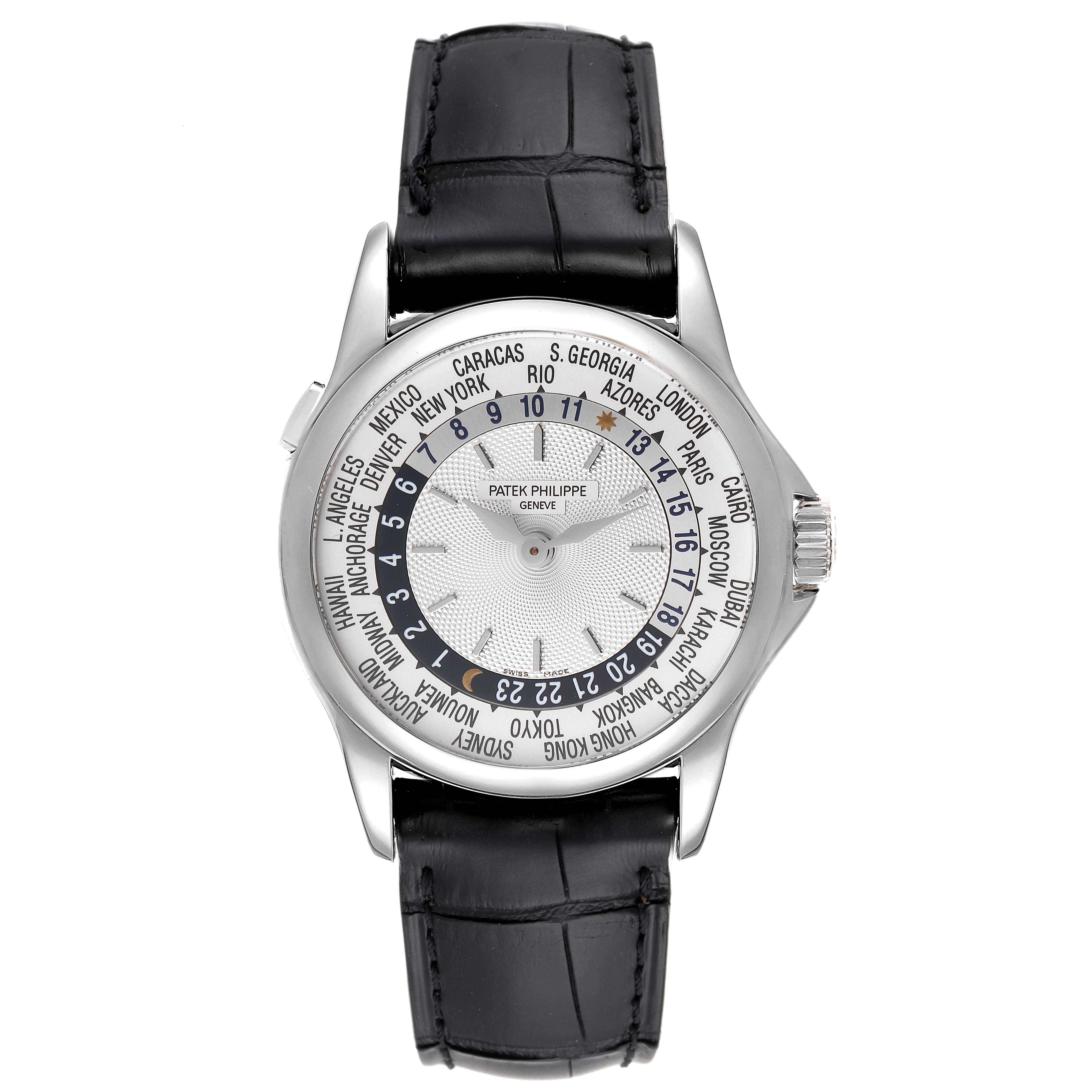 This is a front view of a Patek Philippe Calatrava 5110G Men's White Gold Silver Dial 5110G Men's White Gold Silver Dial watch, showing the dial, bezel, and strap.