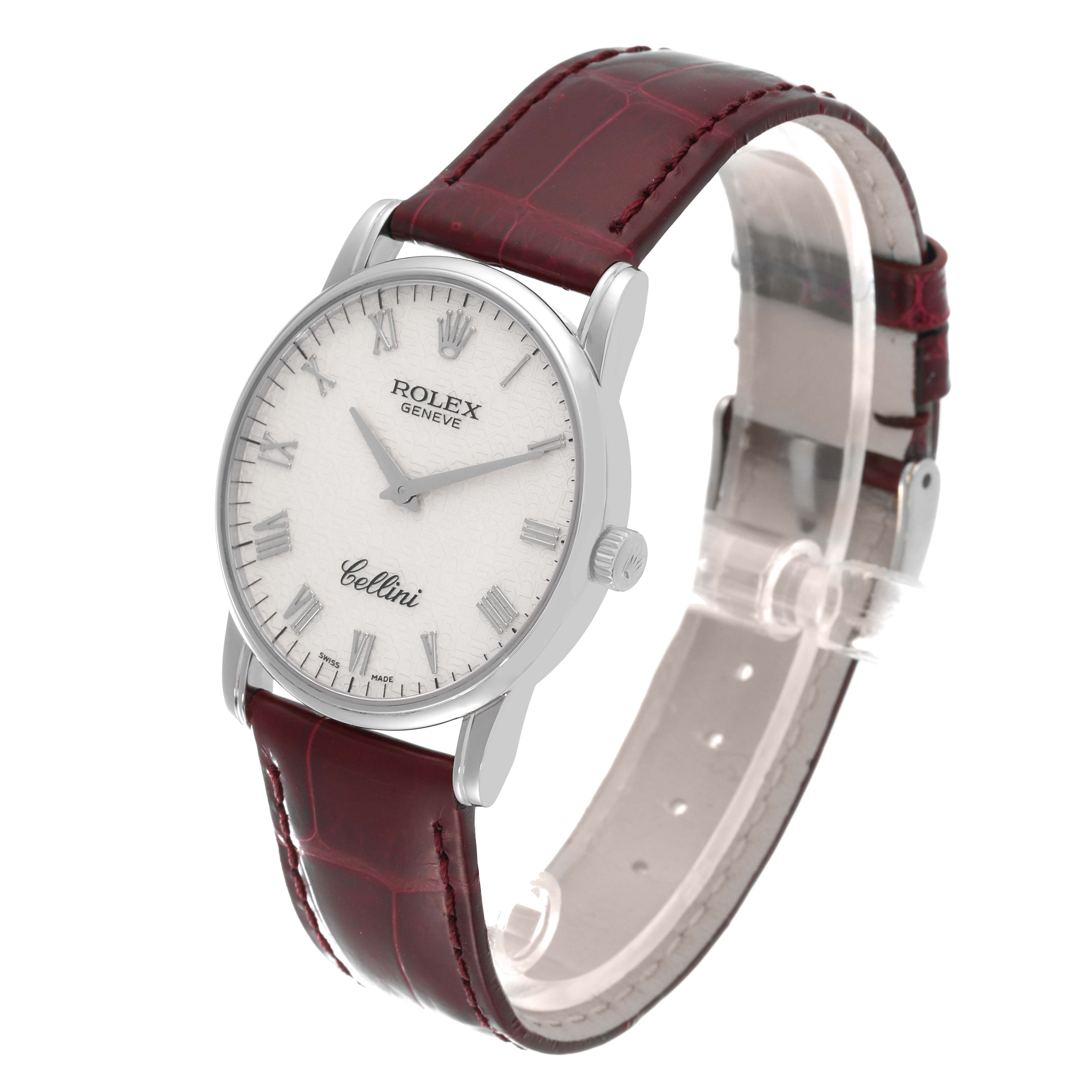 The image shows a Rolex Cellini 5116 Men's White Gold Beige Dial 5116 Men's White Gold Beige Dial watch at a three-quarter angle, highlighting the dial, hands, bezel, case, and leather strap.