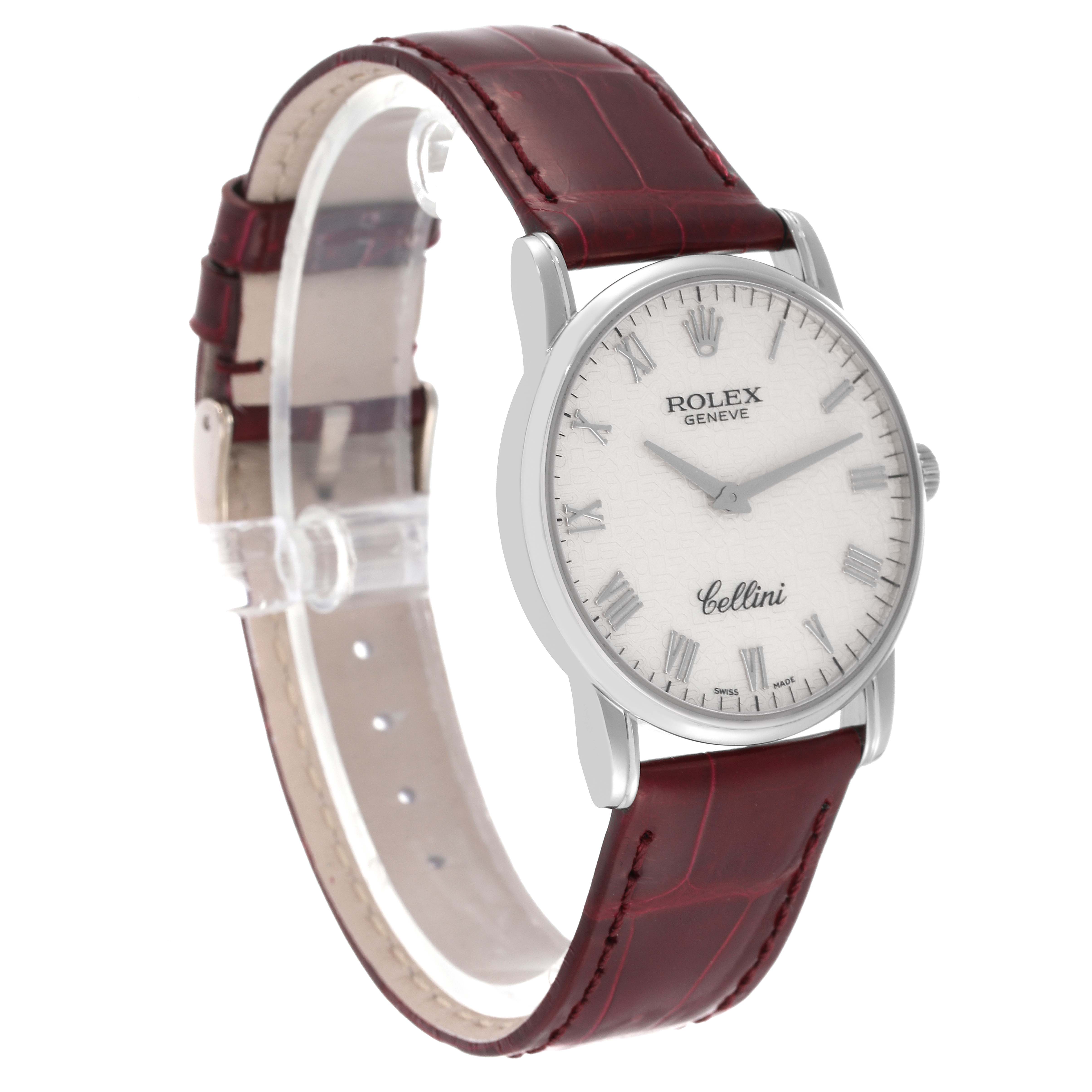 This Rolex Cellini 5116 Men's White Gold Beige Dial 5116 Men's White Gold Beige Dial watch is shown at a slight left-side angle, displaying the face, casing, and leather strap.