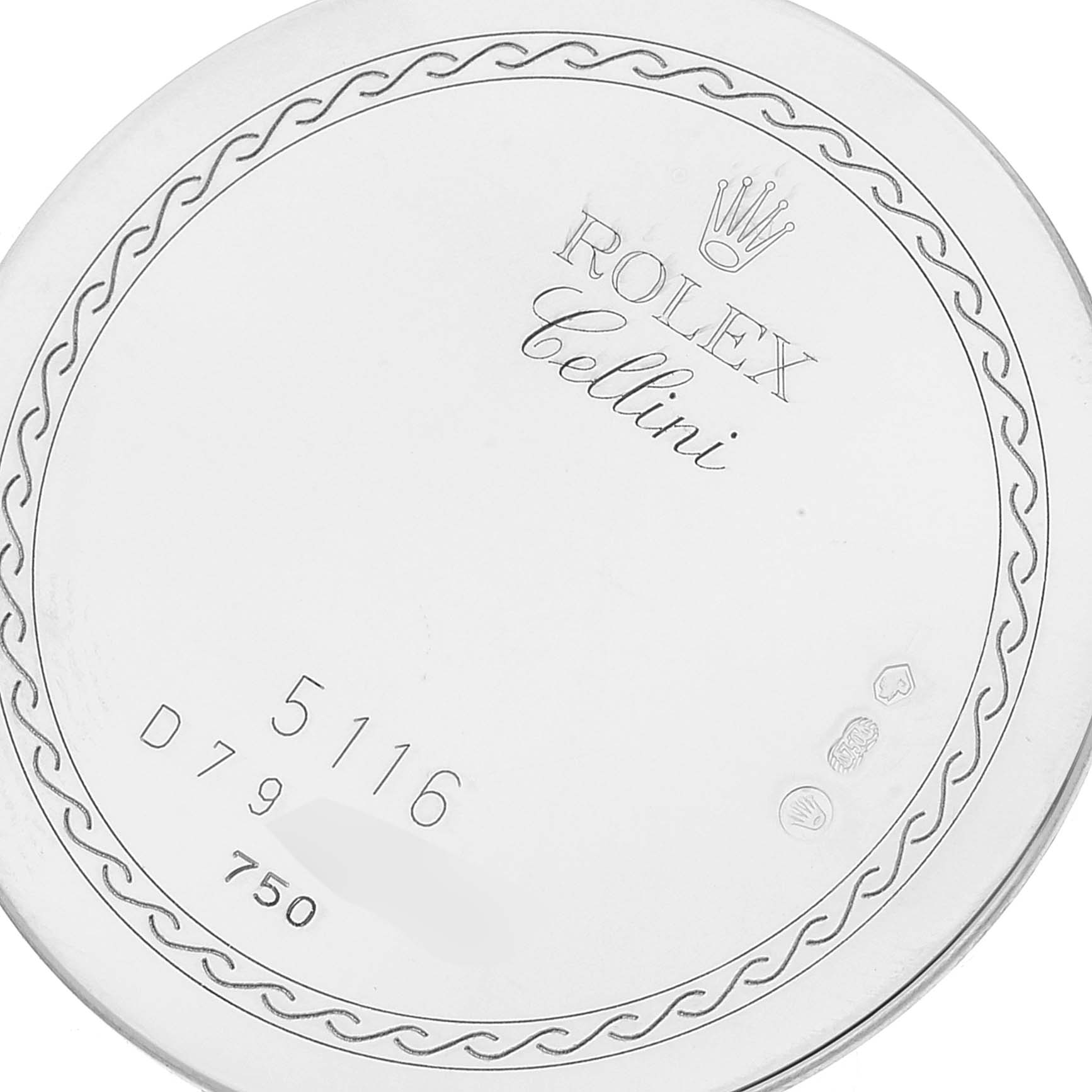 This image shows the case back of a Rolex Cellini 5116 Men's White Gold Beige Dial 5116 Men's White Gold Beige Dial model watch, featuring branding and serial numbers.