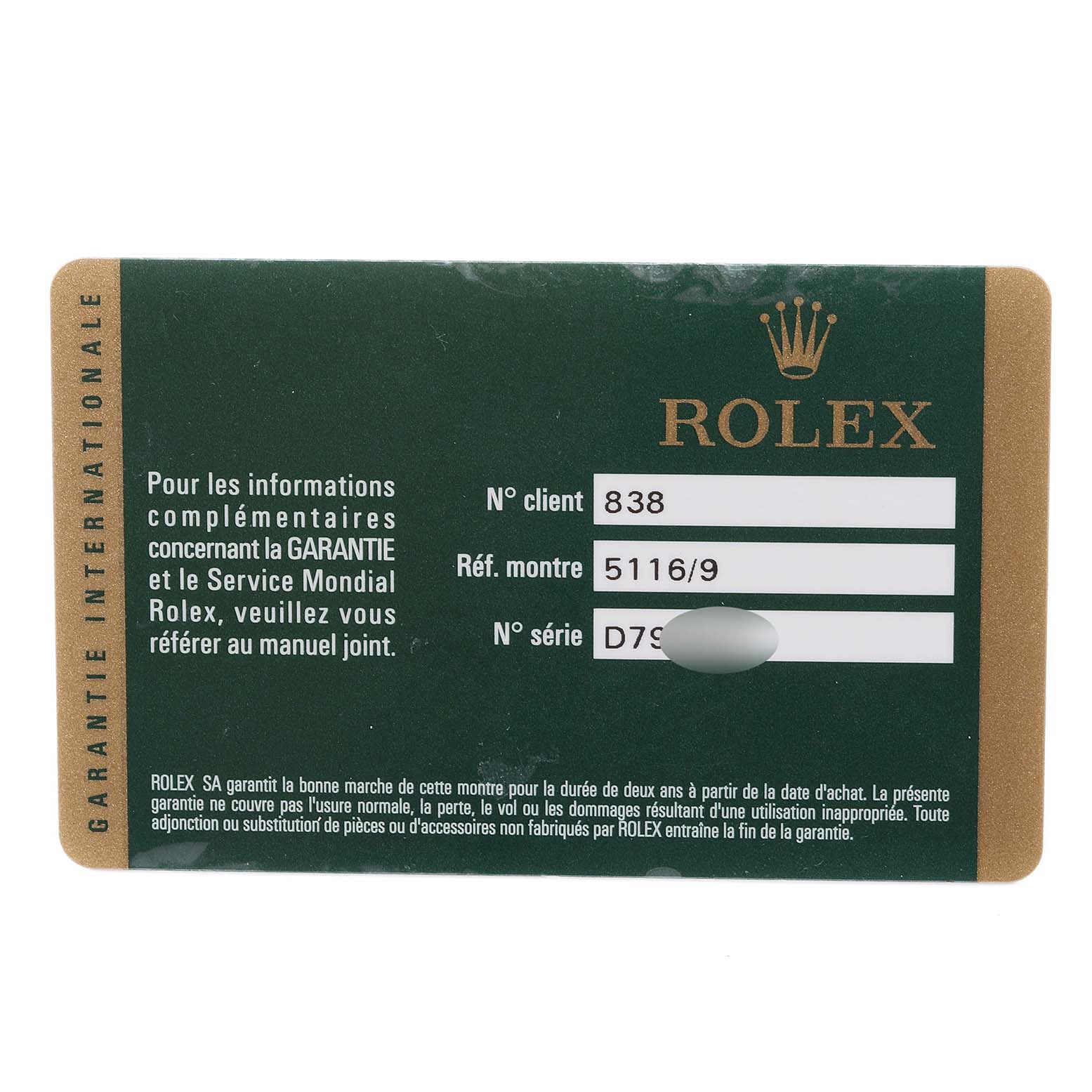 This image shows the guarantee card for the Rolex Cellini 5116 Men's White Gold Beige Dial 5116 Men's White Gold Beige Dial model, including customer number, reference number, and serial number.