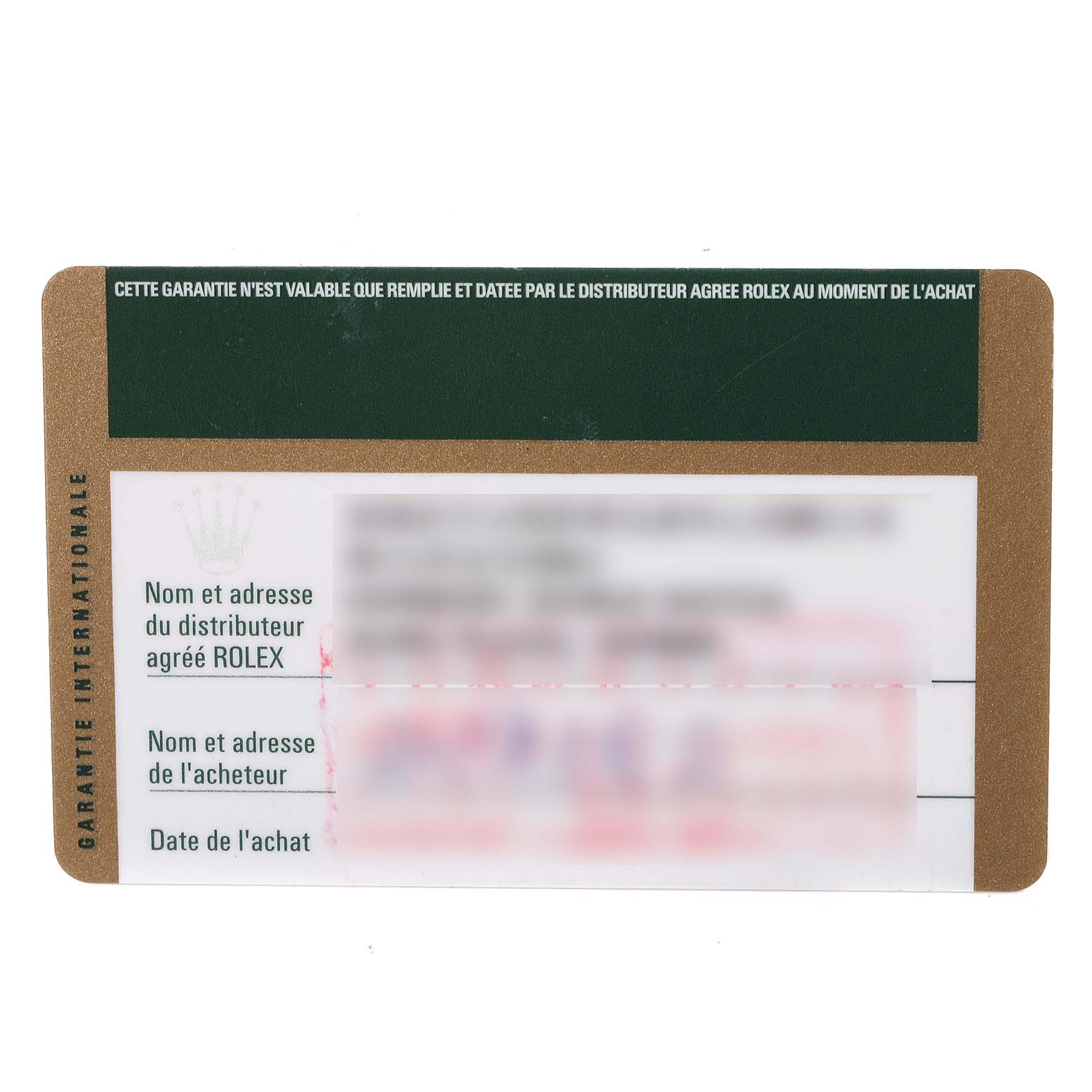 This is a warranty card for the Rolex Cellini 5116 Men's White Gold Beige Dial 5116 Men's White Gold Beige Dial model, displaying the distributor's and purchaser's information along with the purchase date.