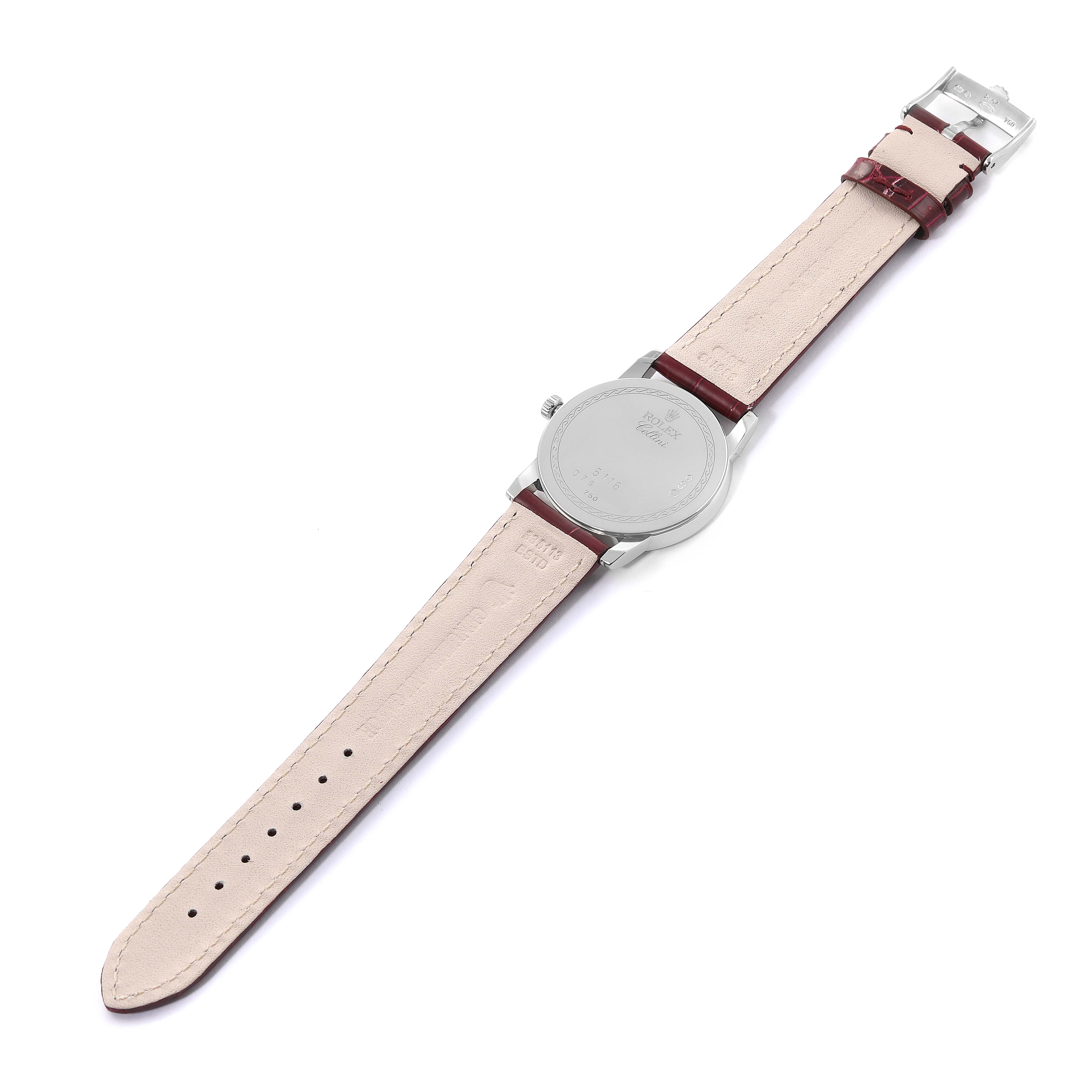 This image shows the back view of a Rolex Cellini 5116 Men's White Gold Beige Dial 5116 Men's White Gold Beige Dial watch, including the case, crown, and leather strap with a buckle.