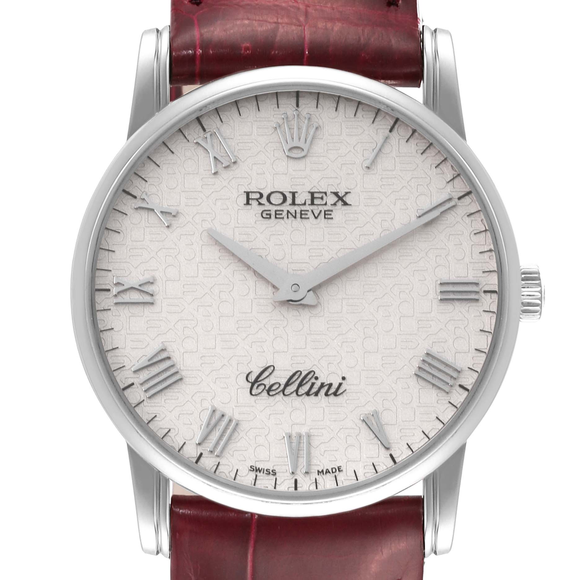 This image shows a front view of the Rolex Cellini 5116 Men's White Gold Beige Dial 5116 Men's White Gold Beige Dial watch, highlighting its dial, hands, and part of the leather strap.