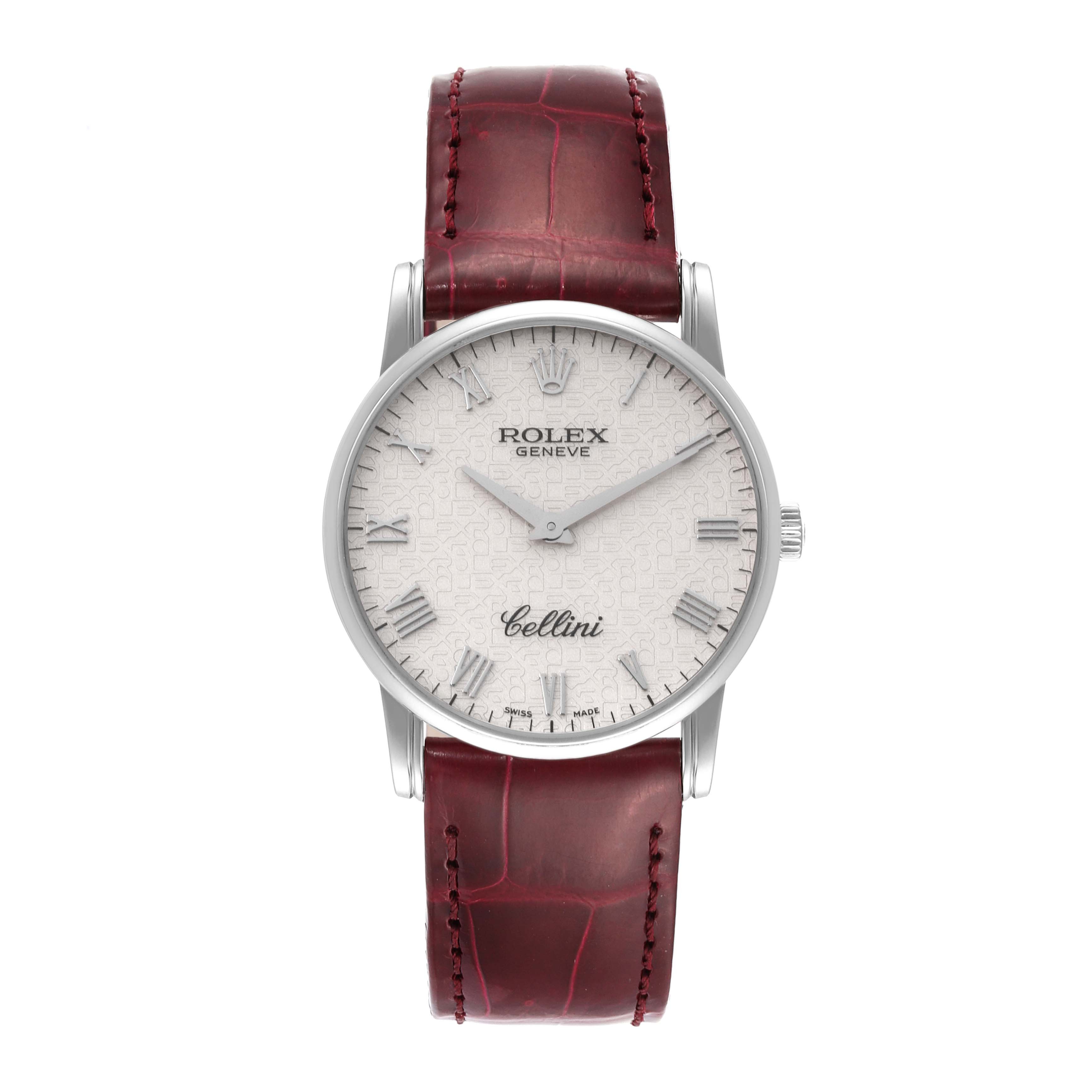 This image shows a front-facing view of the Rolex Cellini 5116 Men's White Gold Beige Dial 5116 Men's White Gold Beige Dial watch, highlighting the dial and leather strap.