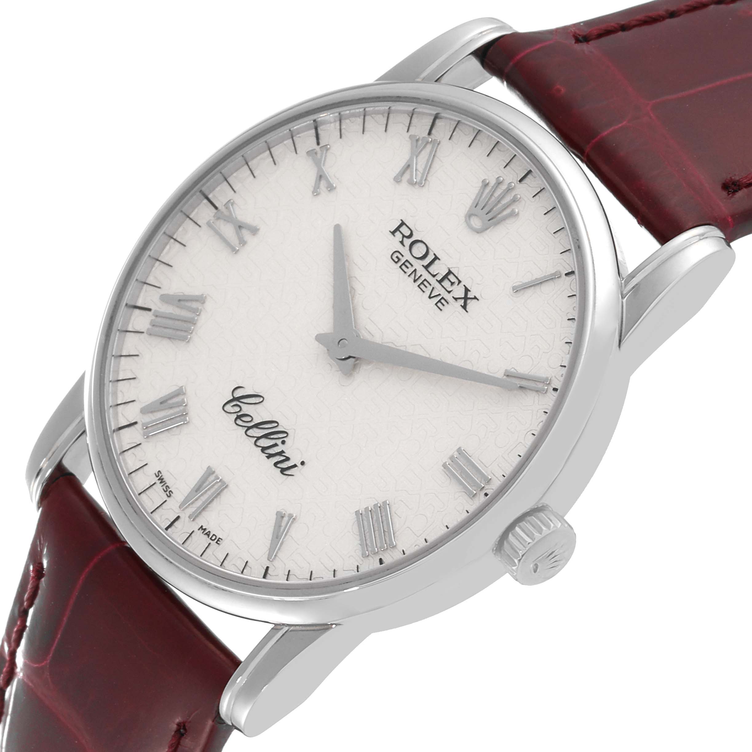 The image shows a Rolex Cellini 5116 Men's White Gold Beige Dial 5116 Men's White Gold Beige Dial watch from a slight side angle, highlighting the face, crown, and red strap.