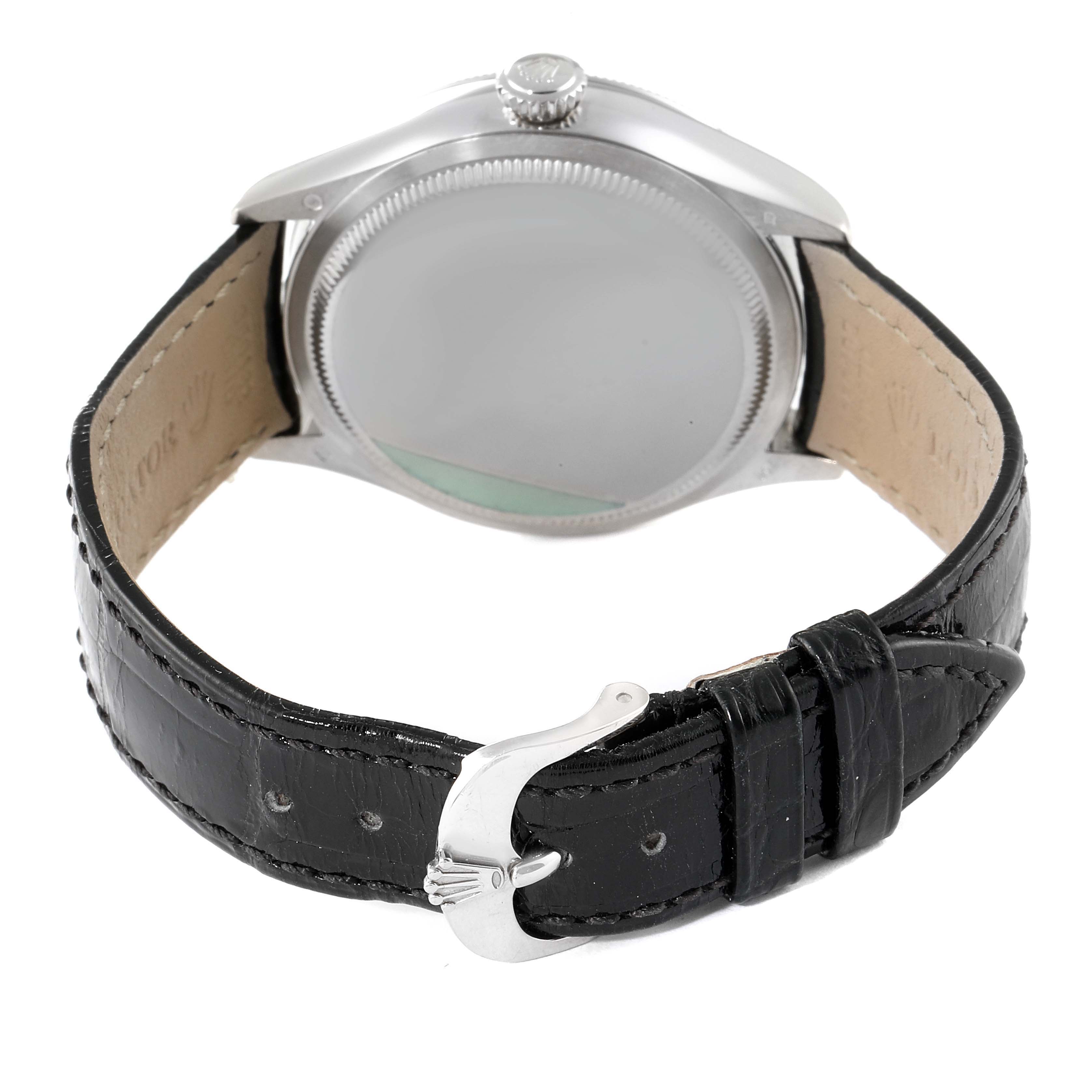 This image shows the back view of a Rolex Cellini 50529 Men's White Gold Silver Dial 50529 Men's White Gold Silver Dial watch, highlighting the case back, crown, and leather strap buckle.