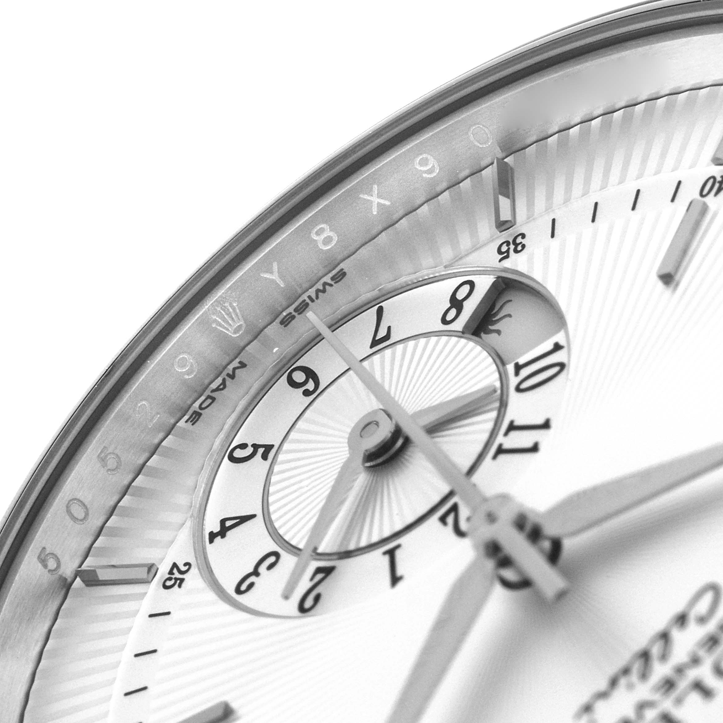 This close-up image of the Rolex Cellini 50529 Men's White Gold Silver Dial 50529 Men's White Gold Silver Dial watch shows part of the dial and the hour markers, including the central hands and chapter ring.