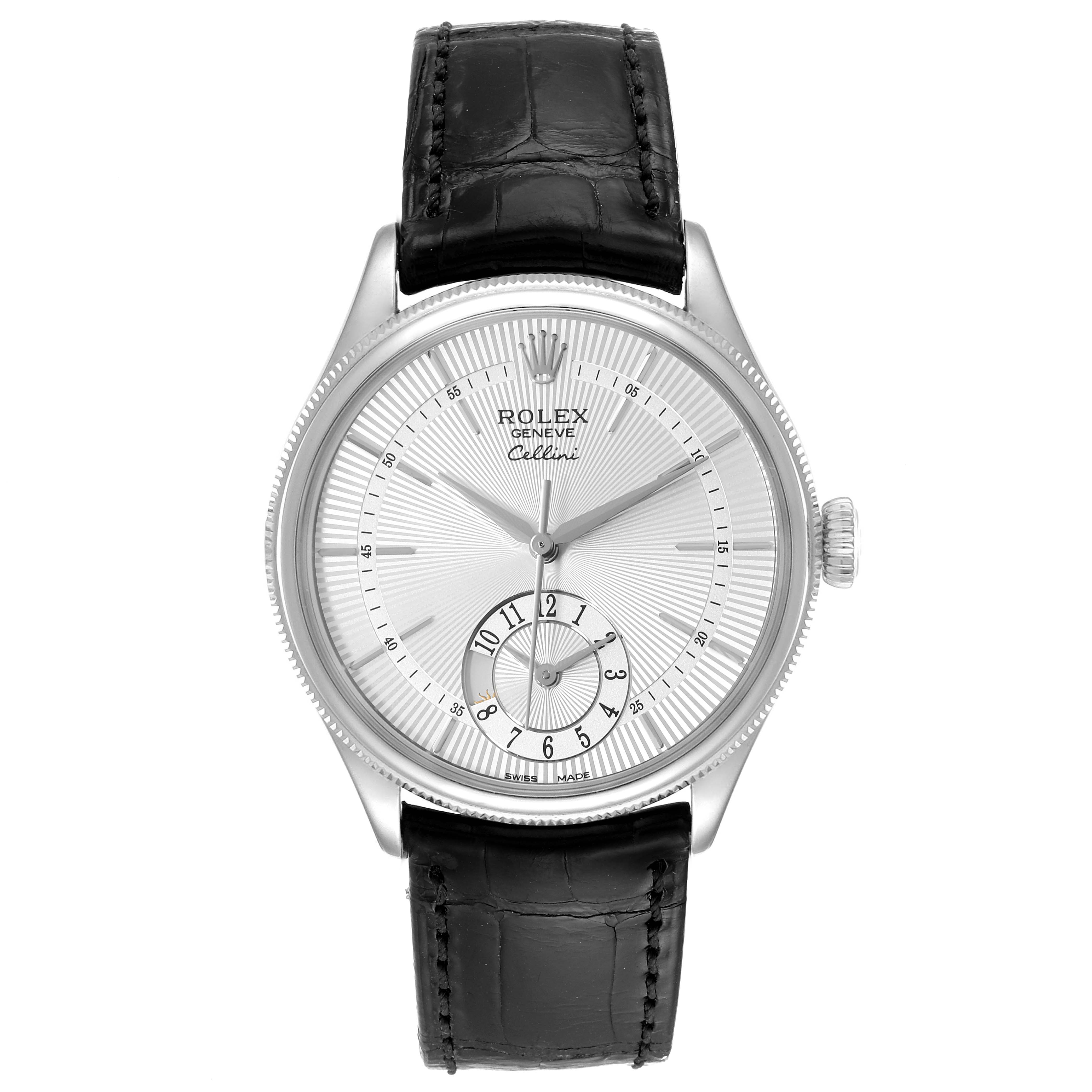 The image shows a front view of the Rolex Cellini 50529 Men's White Gold Silver Dial 50529 Men's White Gold Silver Dial watch featuring a silver dial and black leather strap.