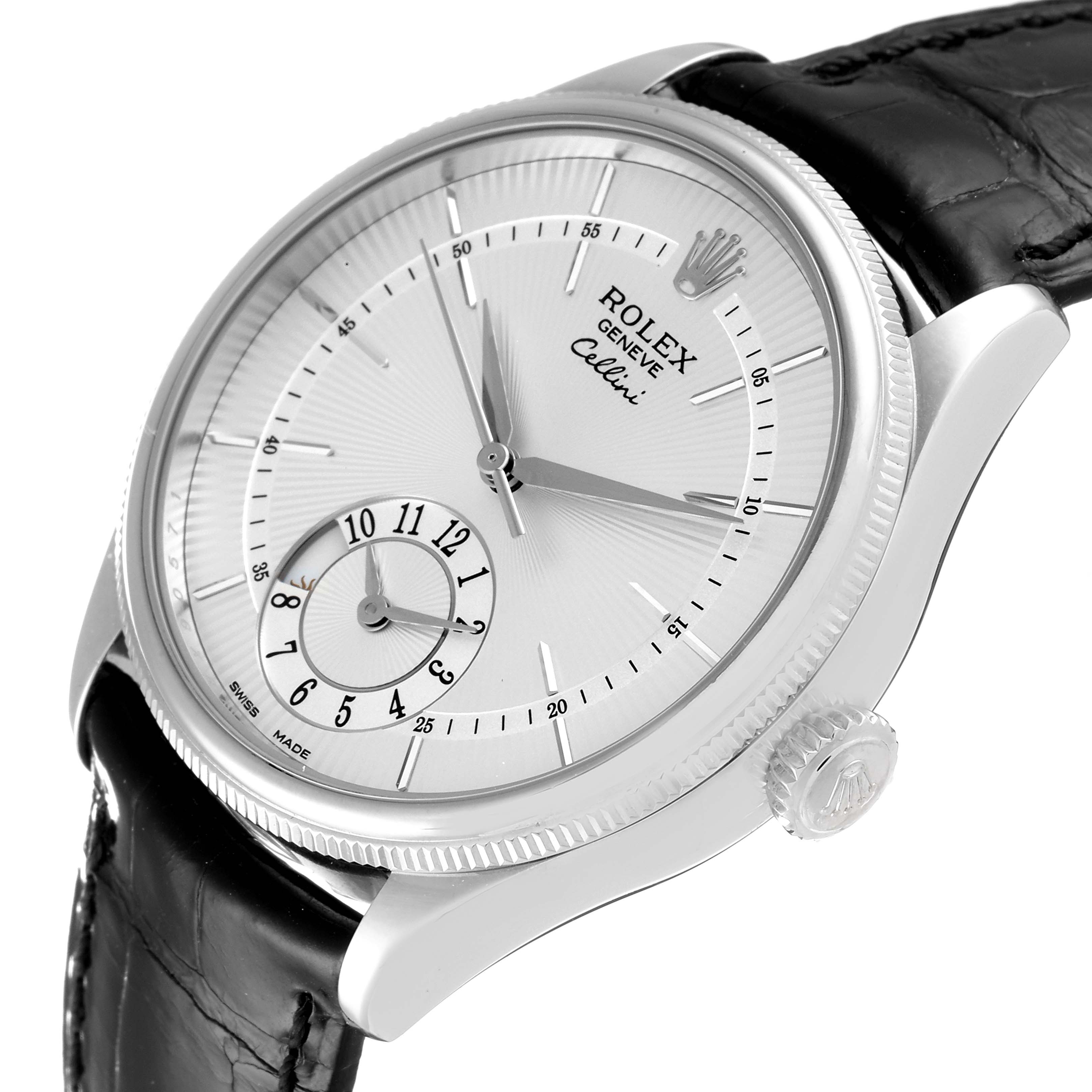 The image shows a close-up of the Rolex Cellini 50529 Men's White Gold Silver Dial 50529 Men's White Gold Silver Dial watch face, crown, and part of the black leather strap, angled slightly from the side.