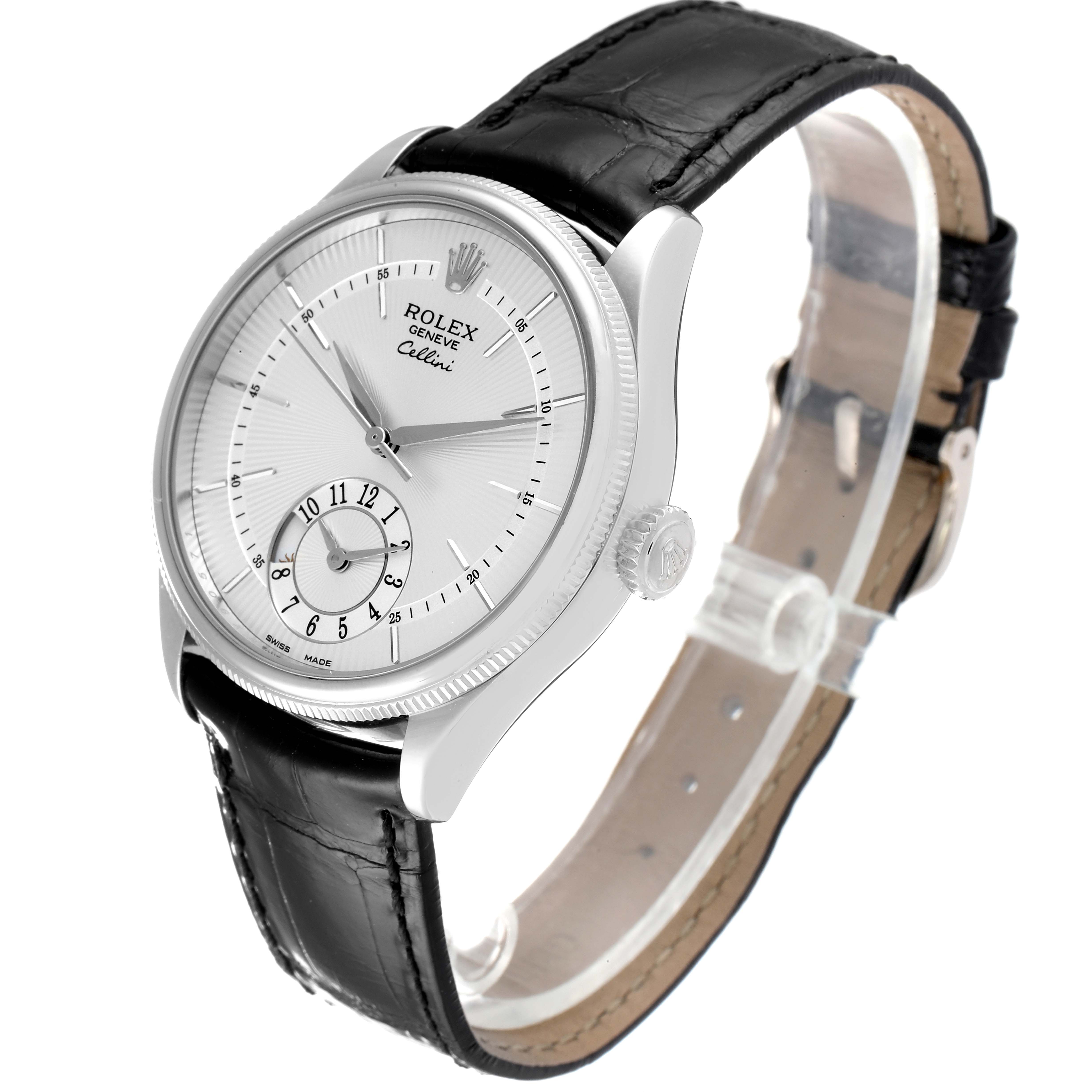 The image shows a Rolex Cellini 50529 Men's White Gold Silver Dial 50529 Men's White Gold Silver Dial watch from an angled side view, highlighting its dial, crown, and leather strap.