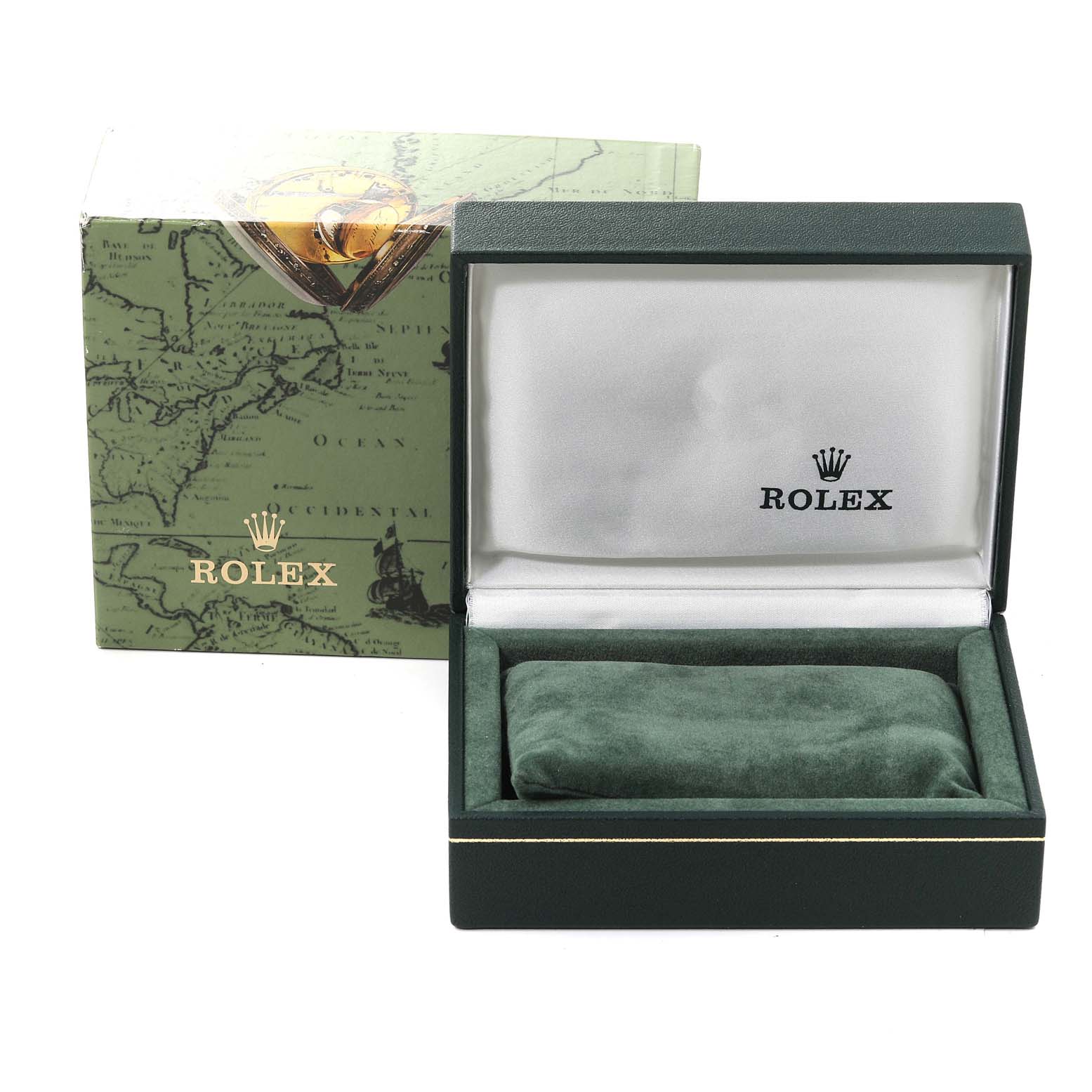This image shows the open box for the Rolex Date 79190 Women
s Stainless Steel Black Dial 79190 Women
s Stainless Steel Black Dial model watch, revealing the cushion inside and the branded interior and exterior.
