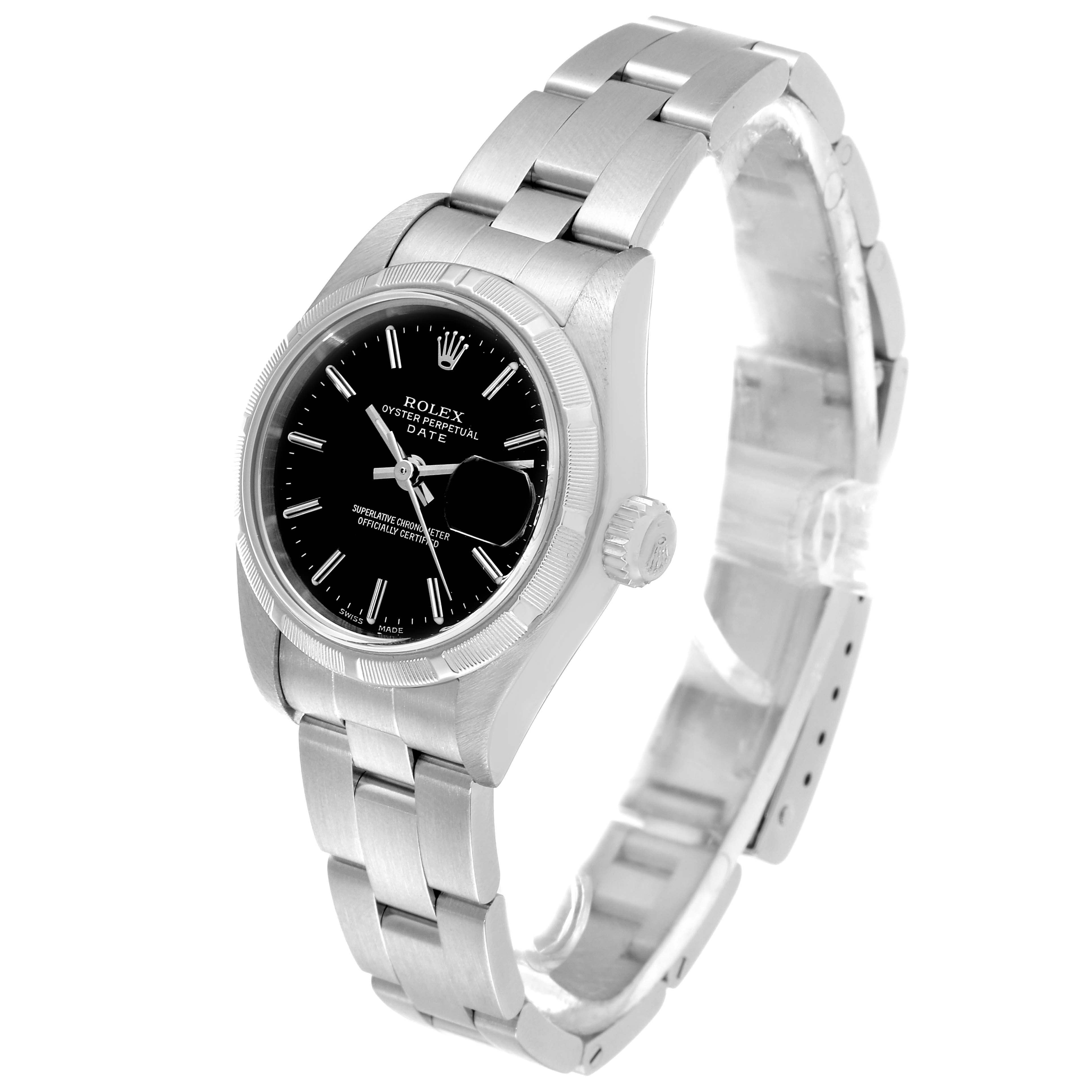 This image shows a Rolex Date 79190 Women
s Stainless Steel Black Dial 79190 Women
s Stainless Steel Black Dial model watch at a three-quarter angle, highlighting its dial, bezel, crown, and bracelet.