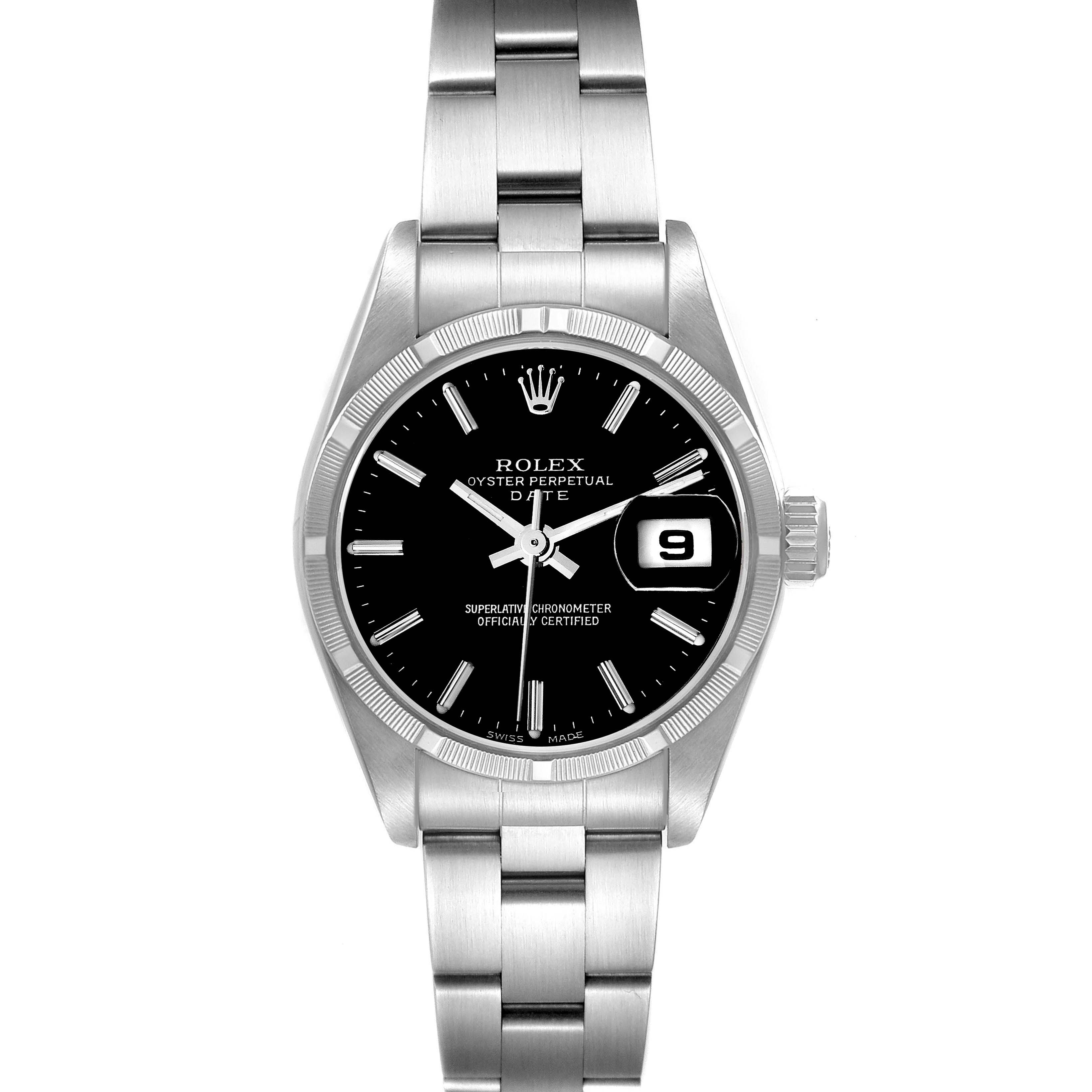 This is a front view of a Rolex Oyster Perpetual Date watch showing the entire face, bracelet, and date window.