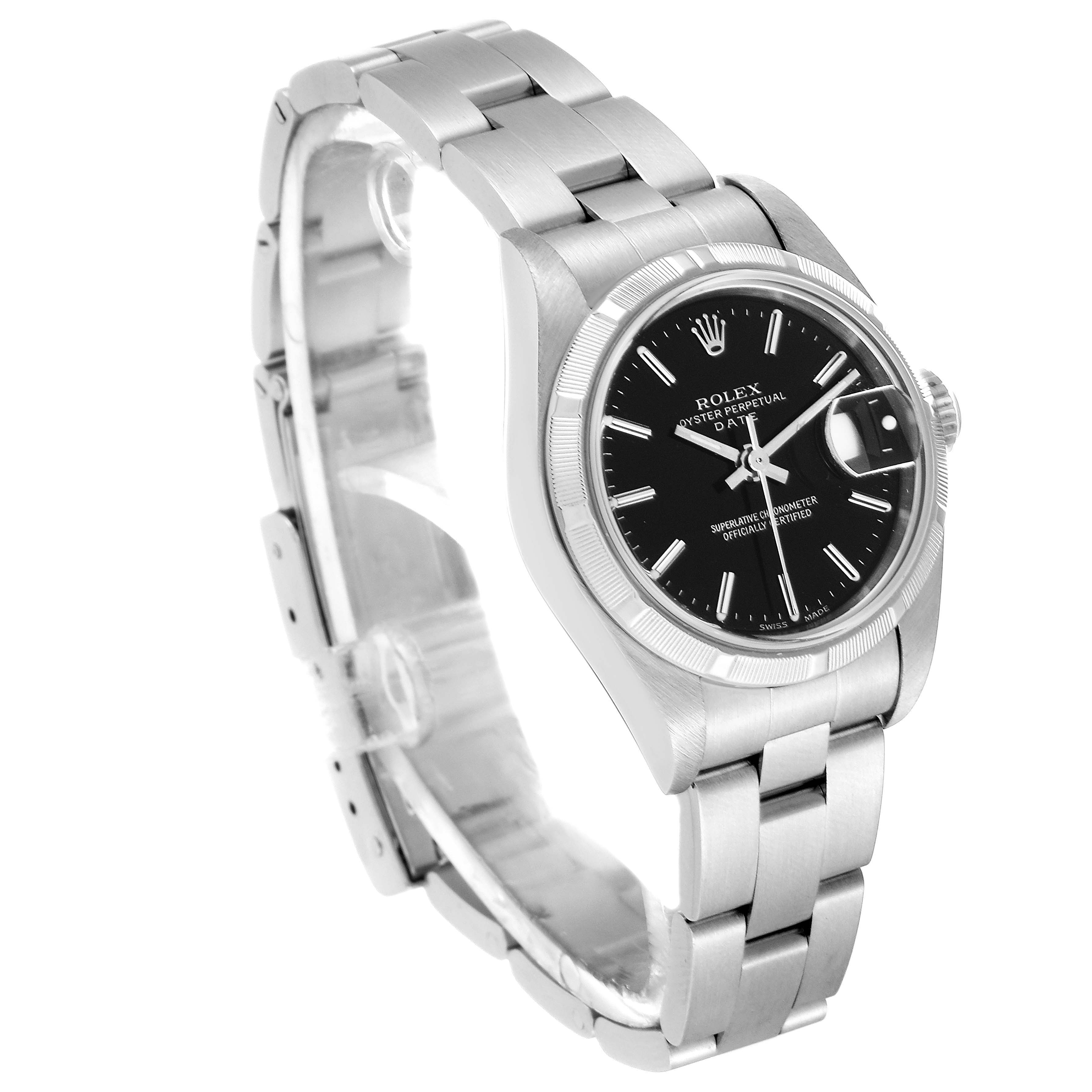 The image shows a Rolex Date 79190 Women
s Stainless Steel Black Dial 79190 Women
s Stainless Steel Black Dial model watch angled slightly from the left, highlighting the bracelet, case, and black dial.