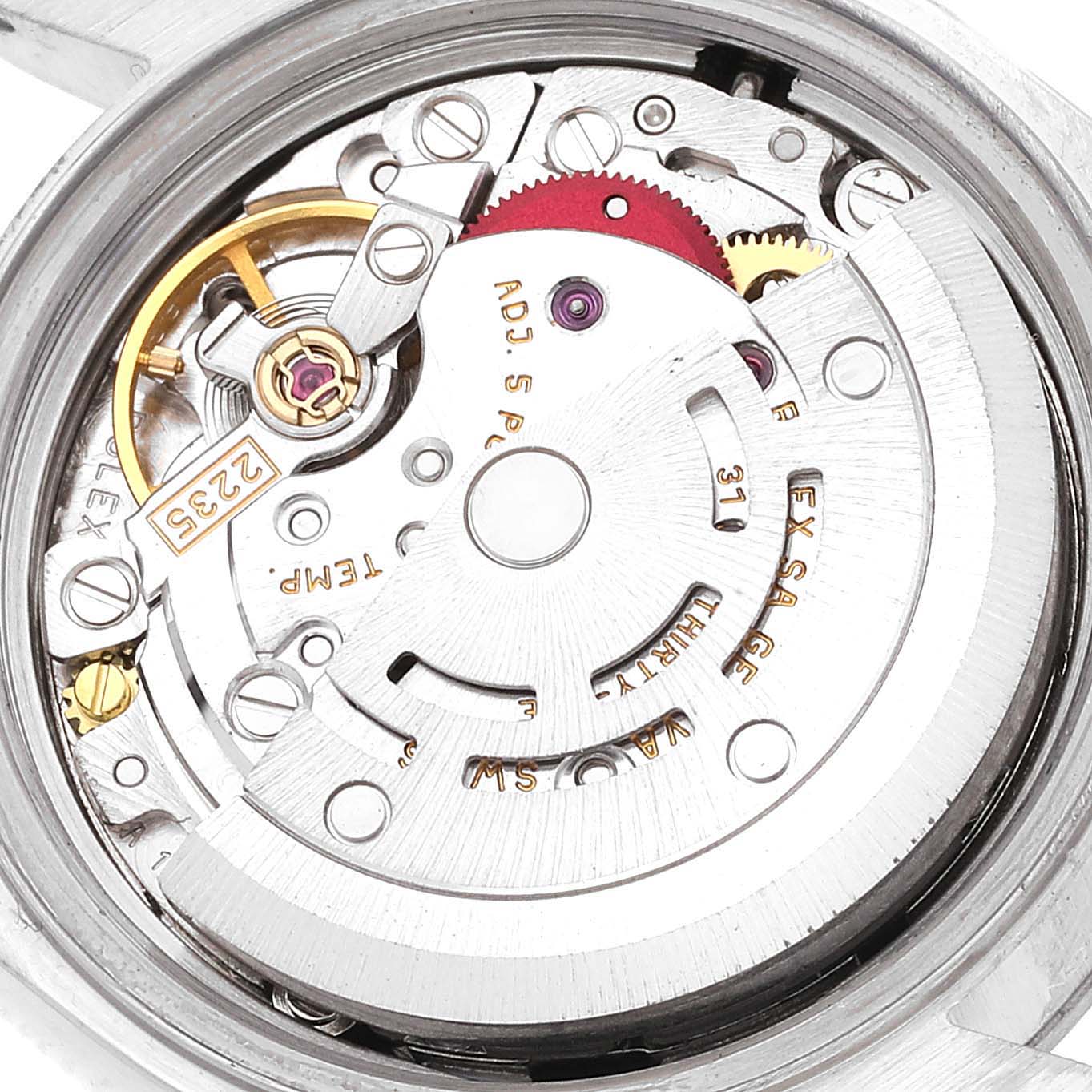 This image shows the inner mechanical movement of a Rolex Date 79190 Women
s Stainless Steel Black Dial 79190 Women
s Stainless Steel Black Dial model watch at a close-up angle.