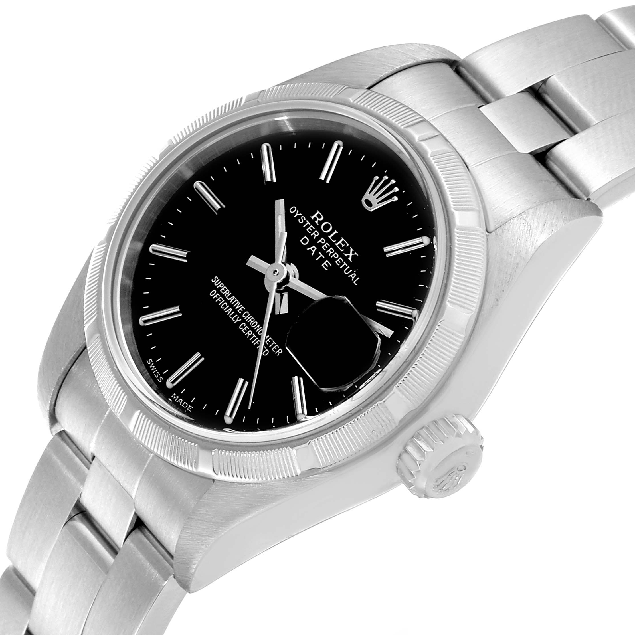This image shows a side view of the Rolex Oyster Perpetual Date, displaying its black dial, fluted bezel, bracelet, and crown.