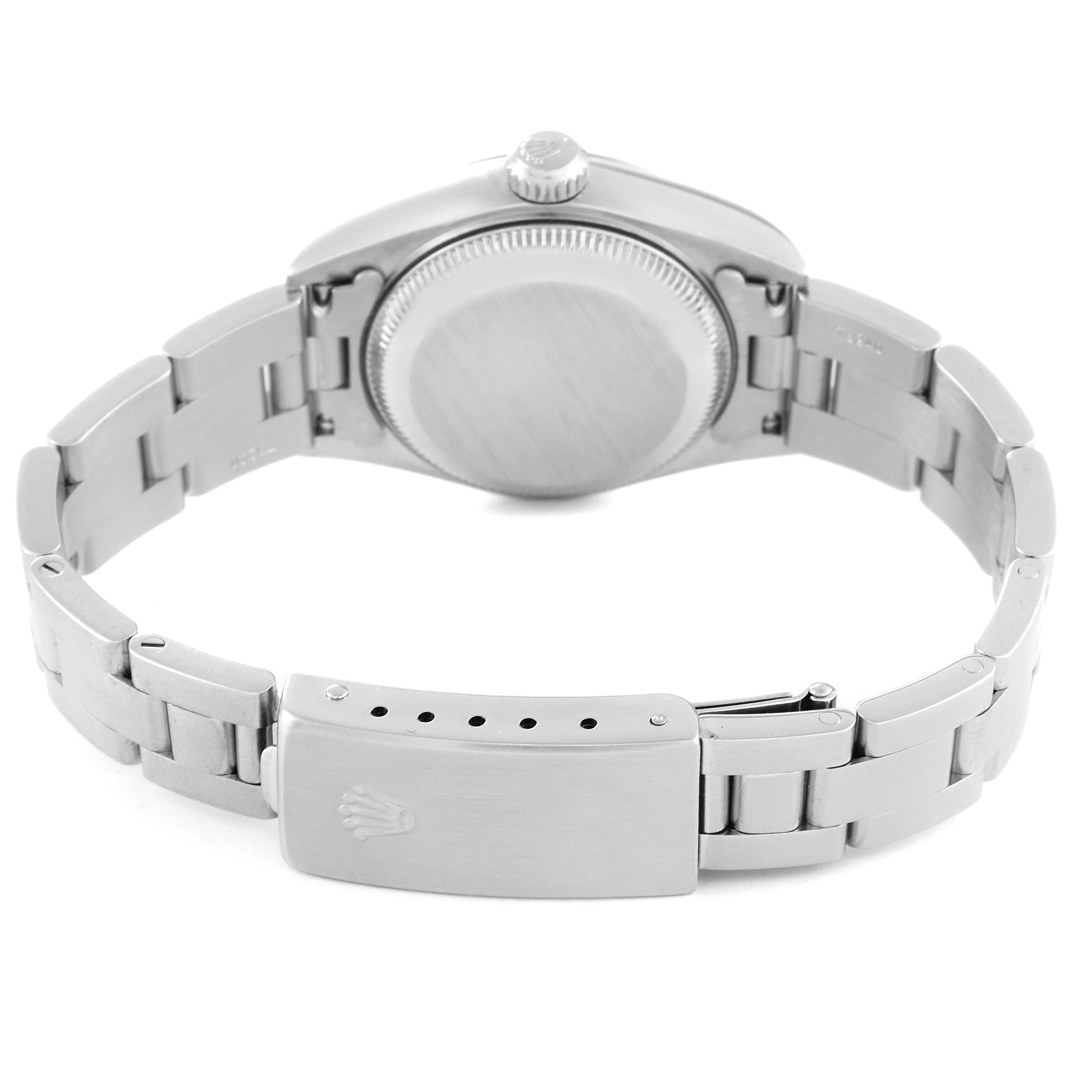 This image shows the back and bracelet of a Rolex Date 79190 Women
s Stainless Steel Black Dial 79190 Women
s Stainless Steel Black Dial model watch.