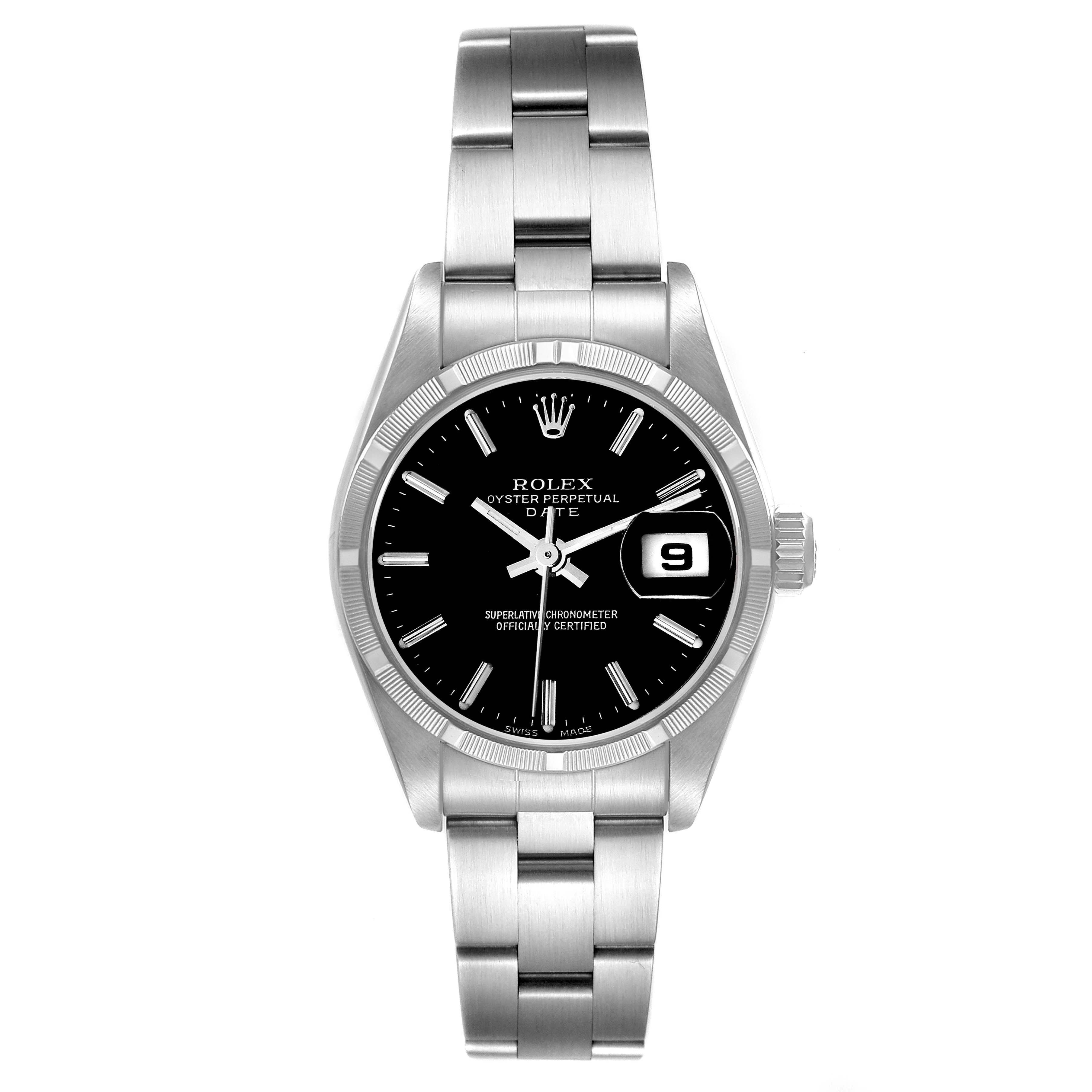 The image shows a front view of a Rolex Date 79190 Women
s Stainless Steel Black Dial 79190 Women
s Stainless Steel Black Dial model watch, highlighting its bracelet, case, dial, and date window.