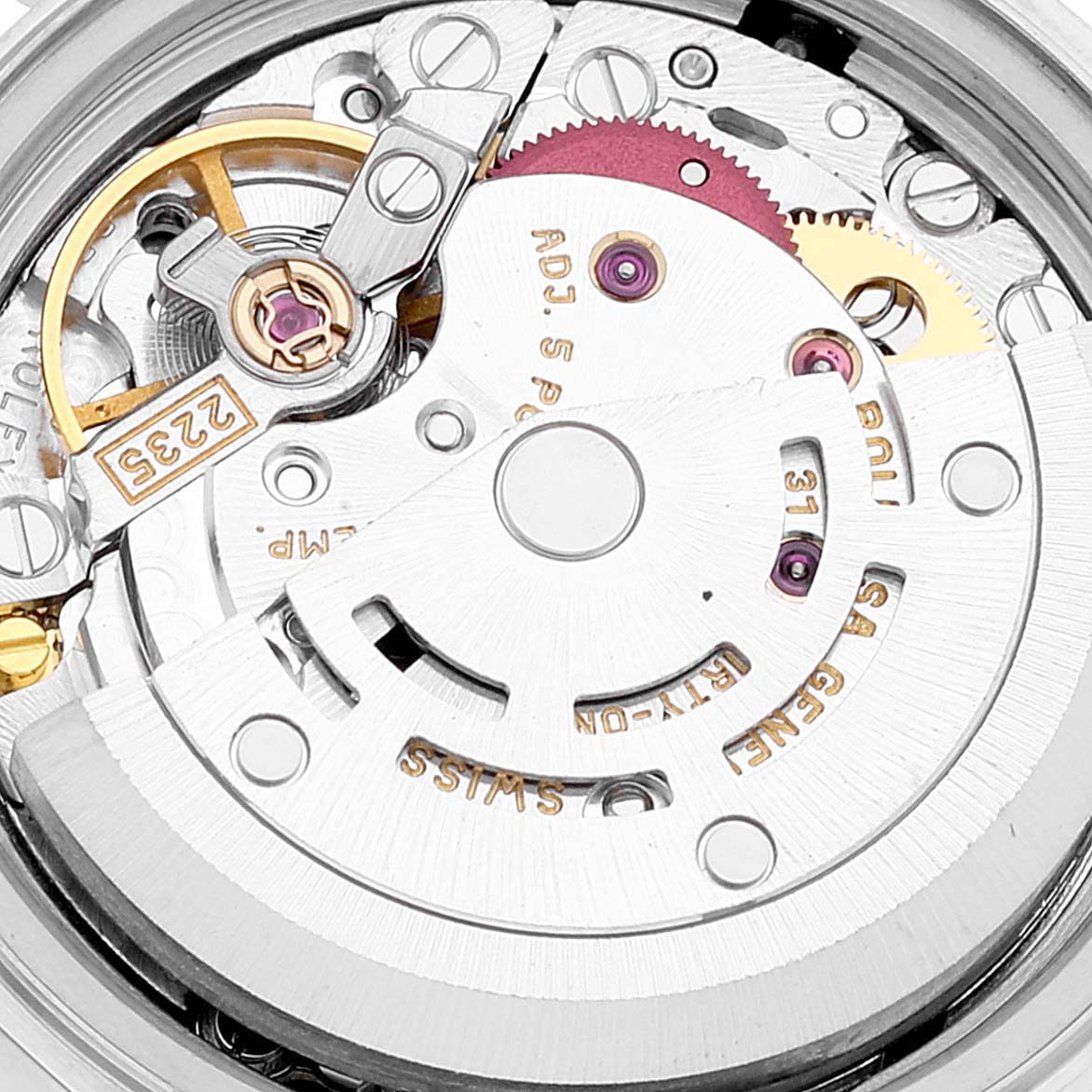 This image shows a close-up of the movement mechanism in a Rolex Date 79190 Women's Stainless Steel Silver Dial 79190 Women's Stainless Steel Silver Dial model watch.