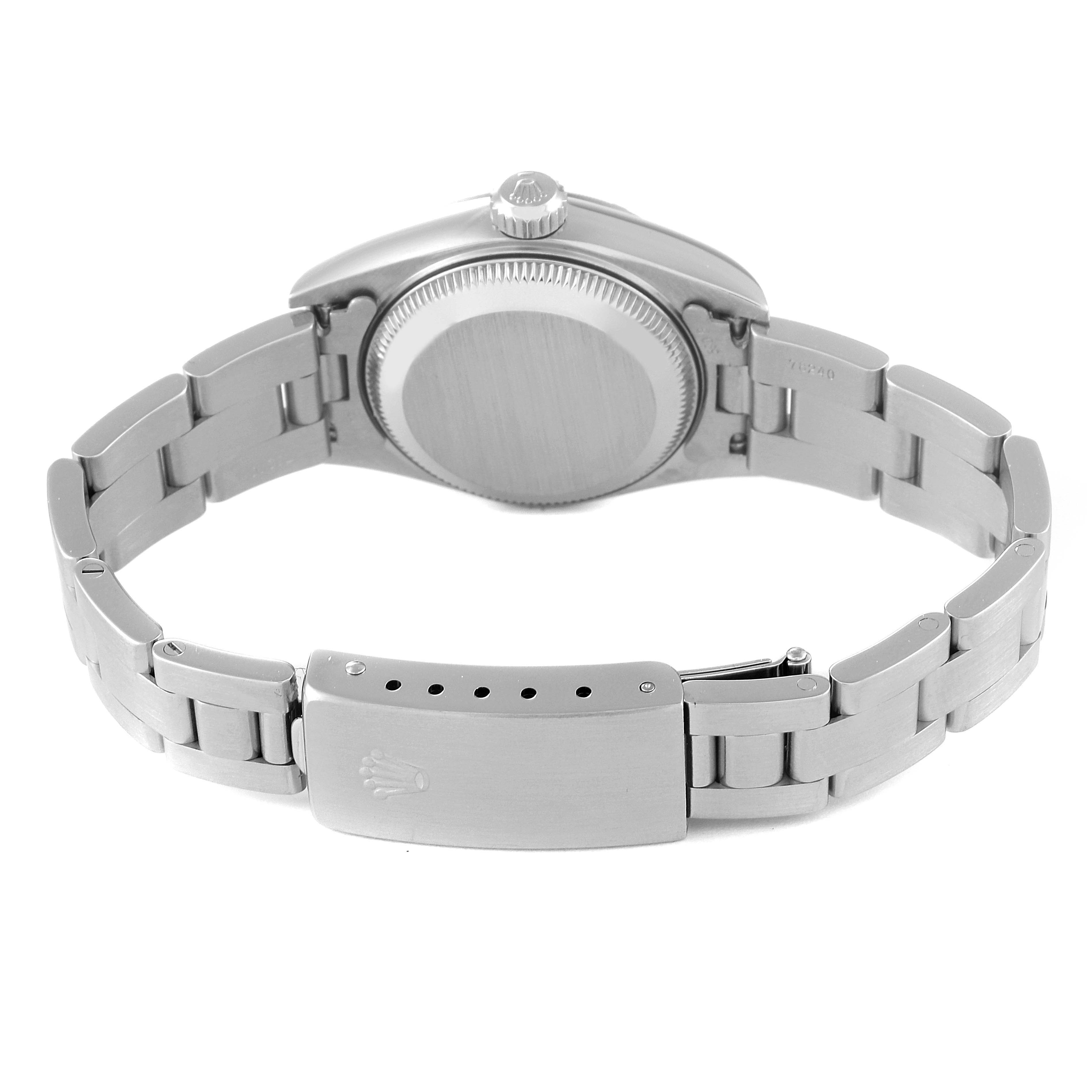 The image shows the back case and bracelet clasp of a Rolex Date 79190 Women's Stainless Steel Silver Dial 79190 Women's Stainless Steel Silver Dial model watch from a rear view angle.