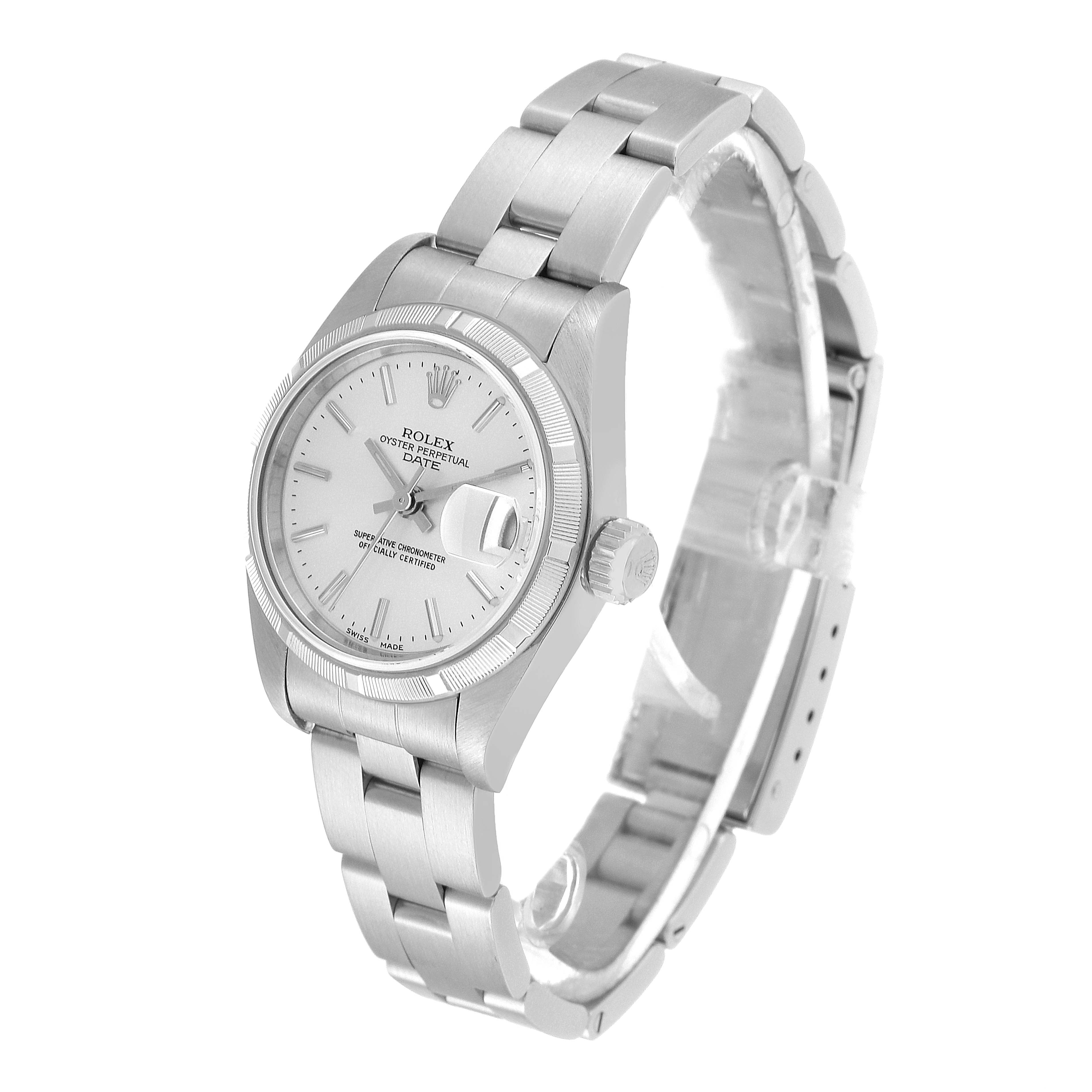 This image shows a side view of the Rolex Date 79190 Women's Stainless Steel Silver Dial 79190 Women's Stainless Steel Silver Dial model watch, highlighting the face, crown, and metal bracelet.