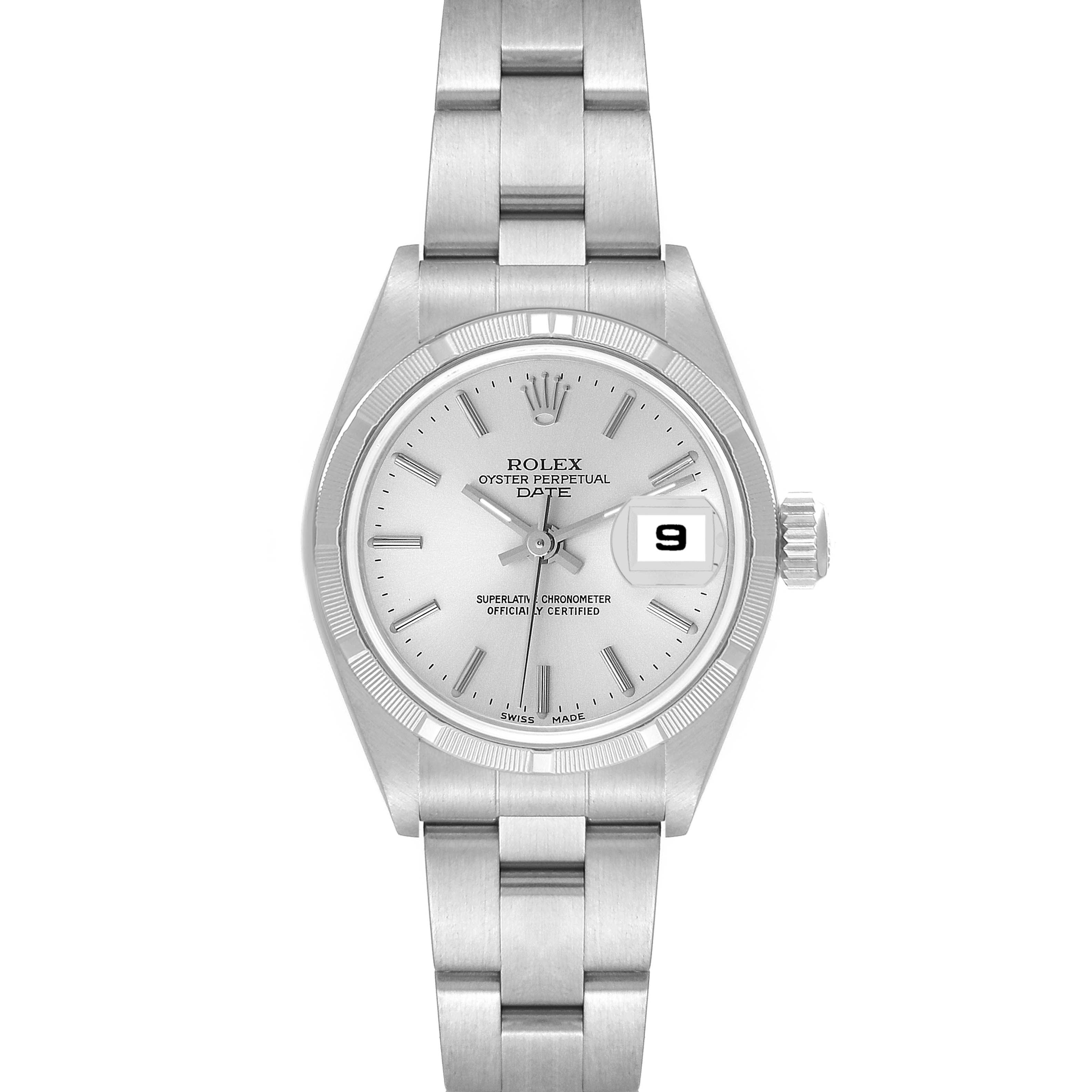 This image shows a front view of a Rolex Oyster Perpetual Date watch, displaying the dial, bezel, bracelet, and crown.
