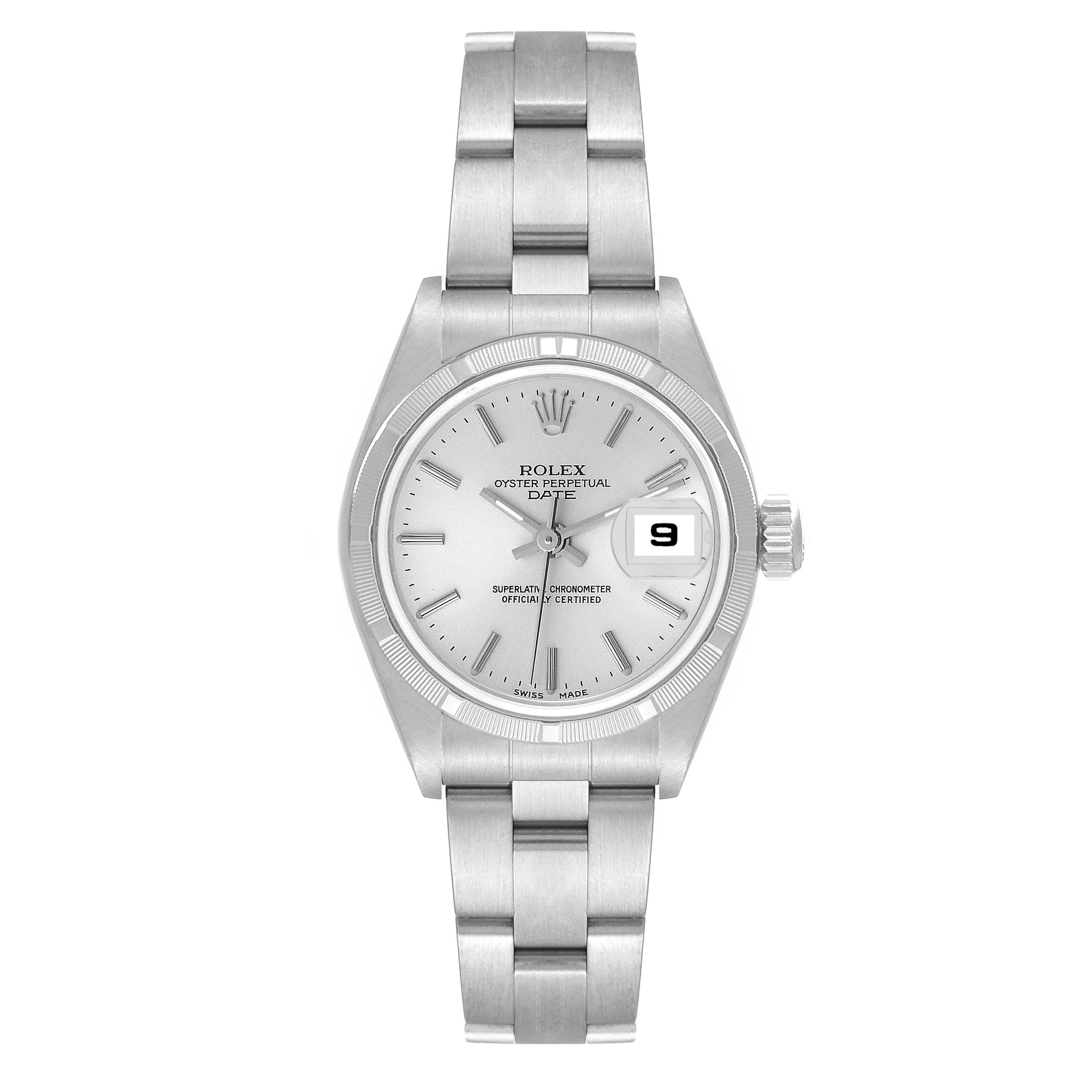 This image shows a front view of a Rolex Date 79190 Women's Stainless Steel Silver Dial 79190 Women's Stainless Steel Silver Dial model, displaying the dial, bezel, bracelet, and date window.