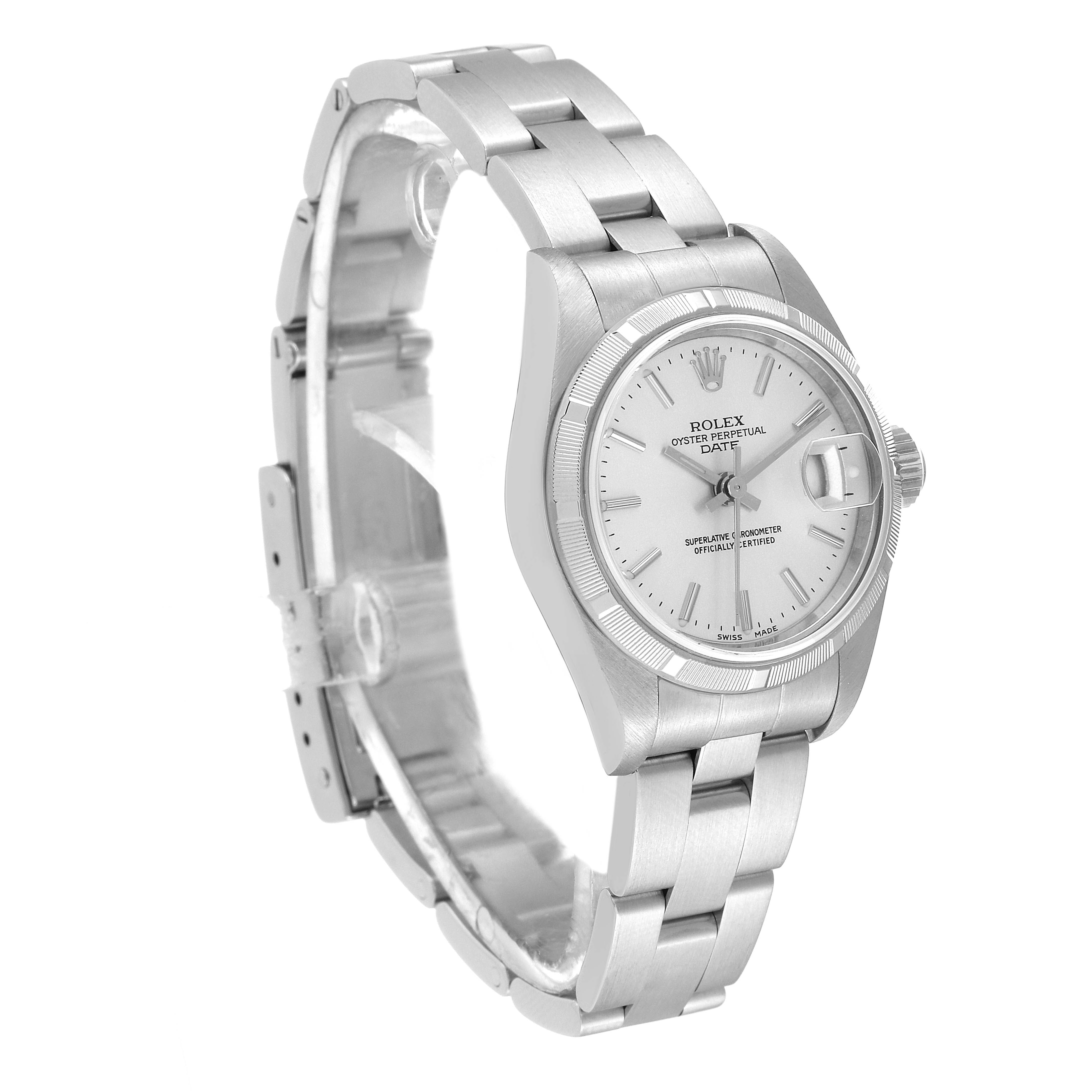 The image shows a side angle of the Rolex Date 79190 Women's Stainless Steel Silver Dial 79190 Women's Stainless Steel Silver Dial model watch, highlighting the bracelet, clasp, dial, and date window.