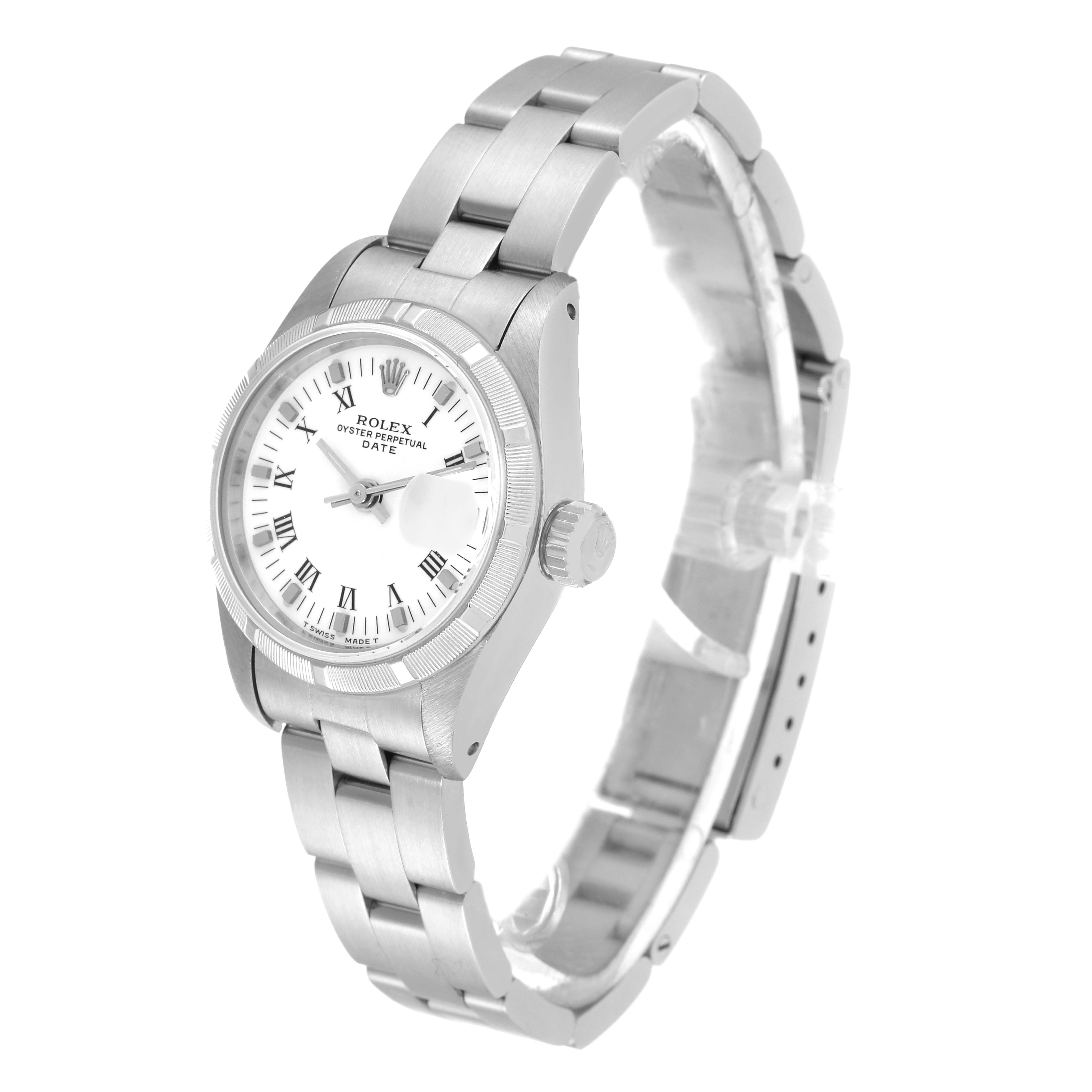 This Rolex Date 69190 Women's Stainless Steel White Dial 69190 Women's Stainless Steel White Dial model watch is shown at a three-quarter angle highlighting the face, bezel, crown, and bracelet.