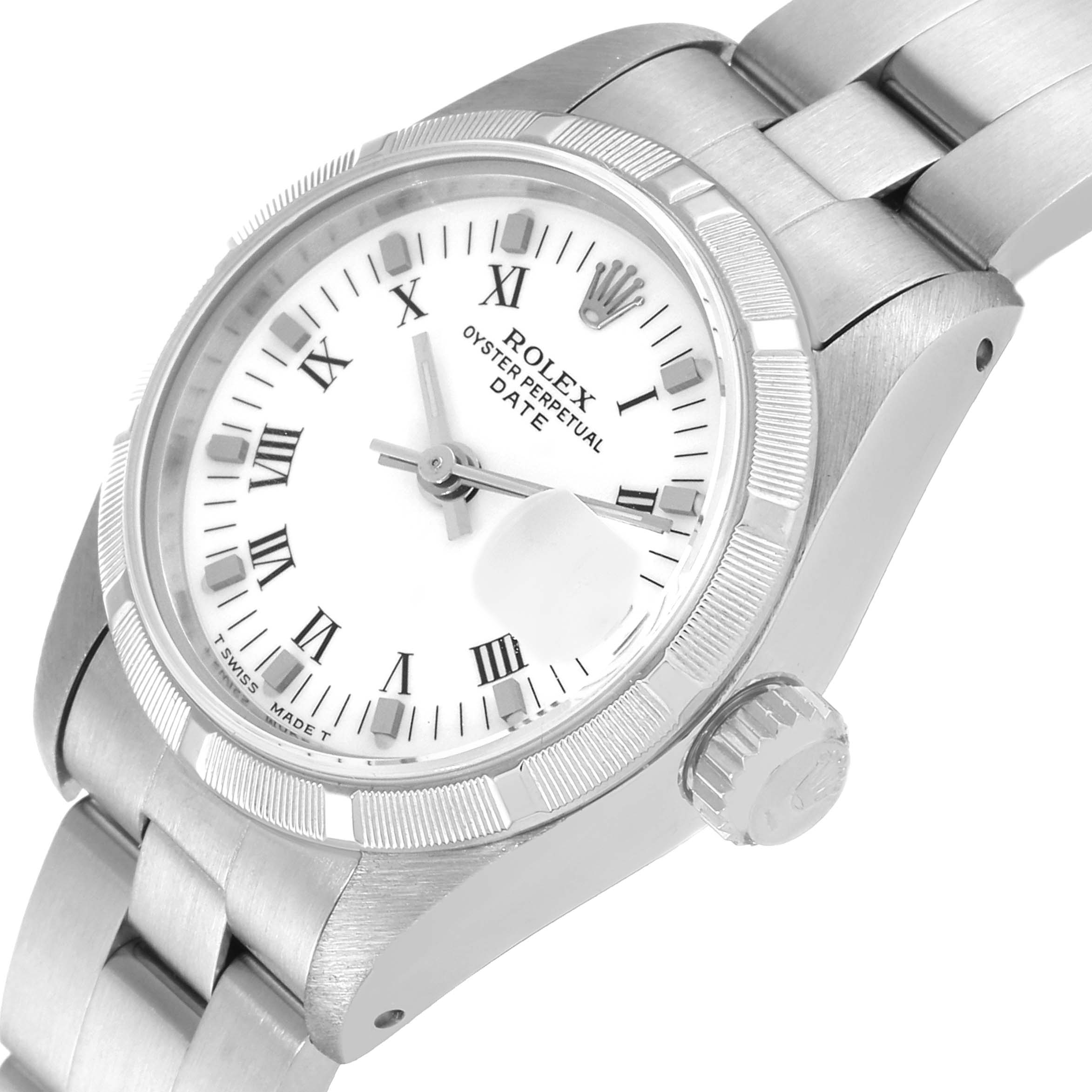 This image shows the Rolex Oyster Perpetual Date watch at an angle highlighting the face, bezel, crown, and part of the bracelet.